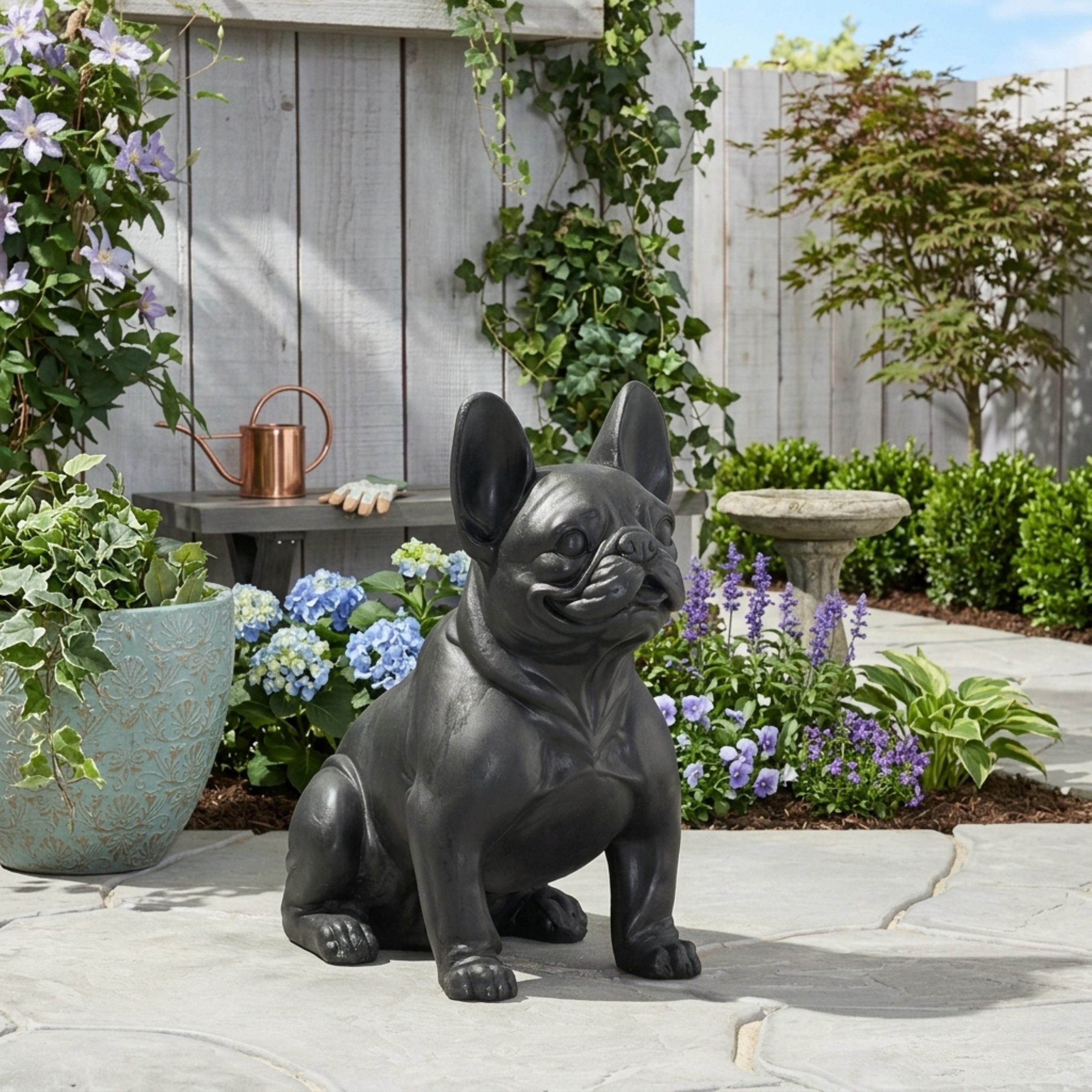 DOG GARDEN SCULPTURE, Outdoor French Bulldog Garden Statue, Matte Black, No Assembly Required - Image 2