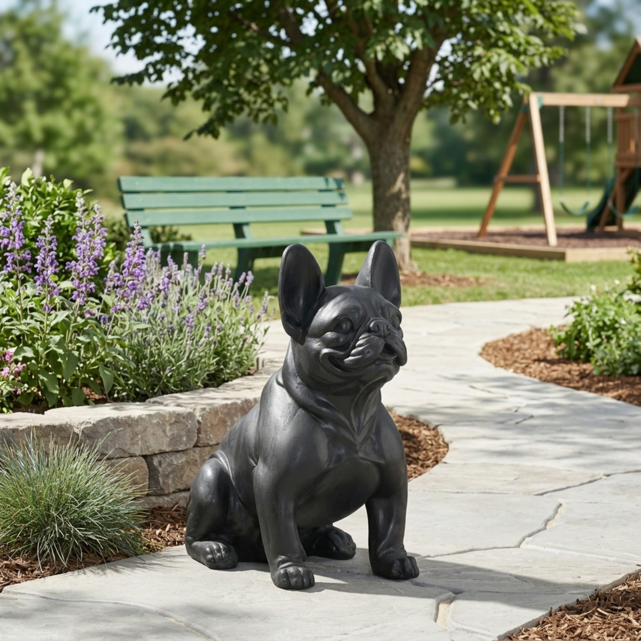 DOG GARDEN SCULPTURE, Outdoor French Bulldog Garden Statue, Matte Black, No Assembly Required - Image 3