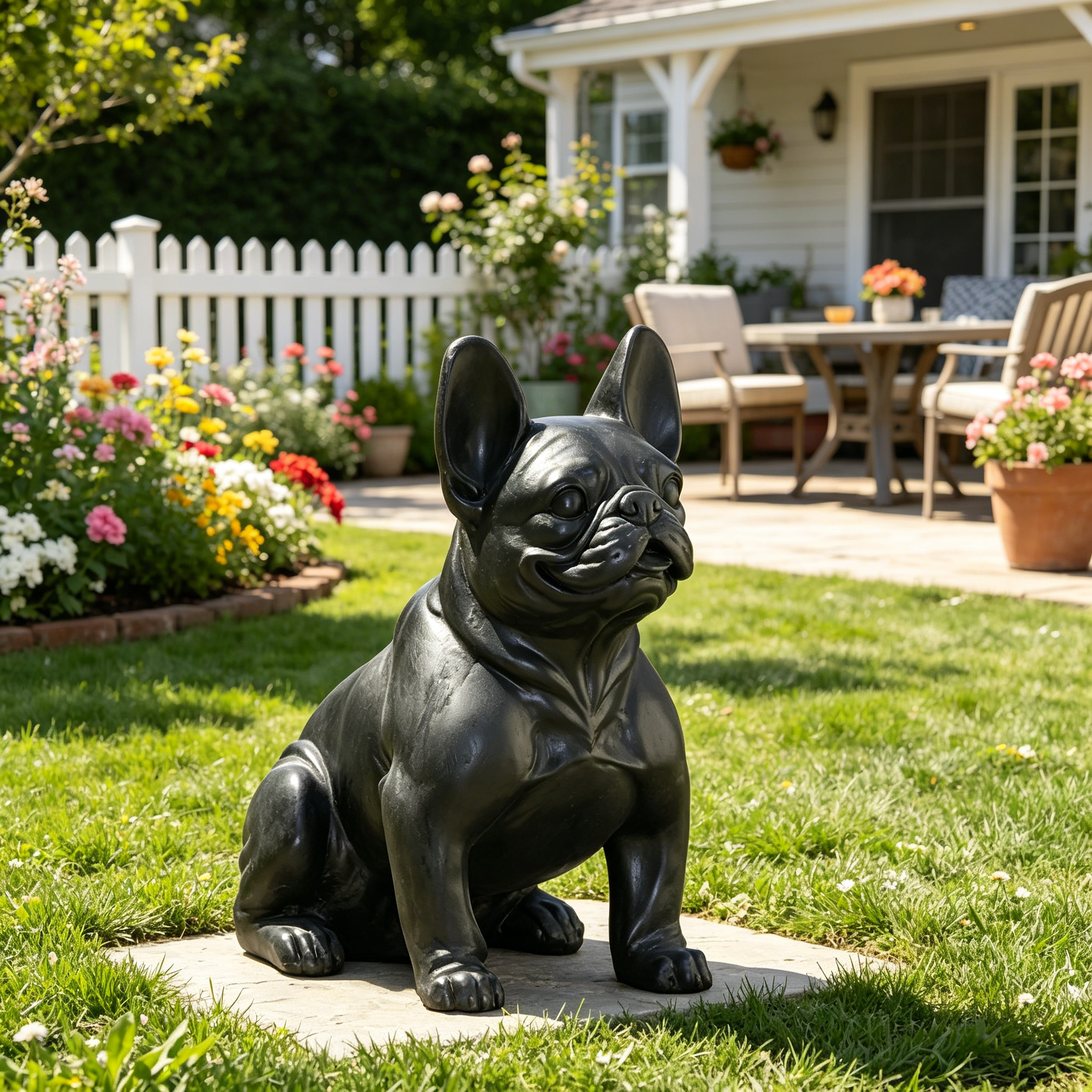 DOG GARDEN SCULPTURE, Outdoor French Bulldog Garden Statue, Matte Black, No Assembly Required - Image 4