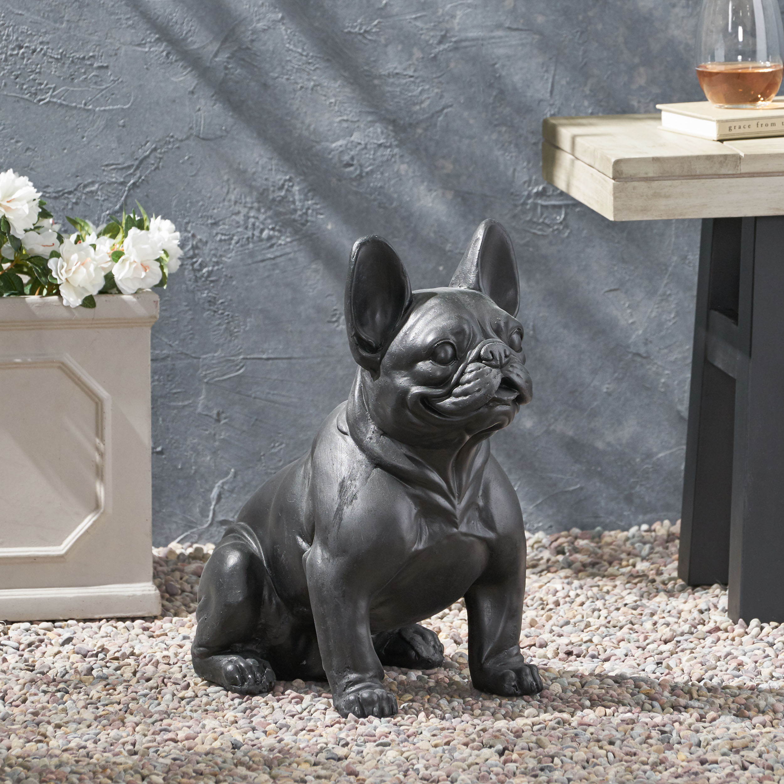 DOG GARDEN SCULPTURE, Outdoor French Bulldog Garden Statue, Matte Black, No Assembly Required - Image 5