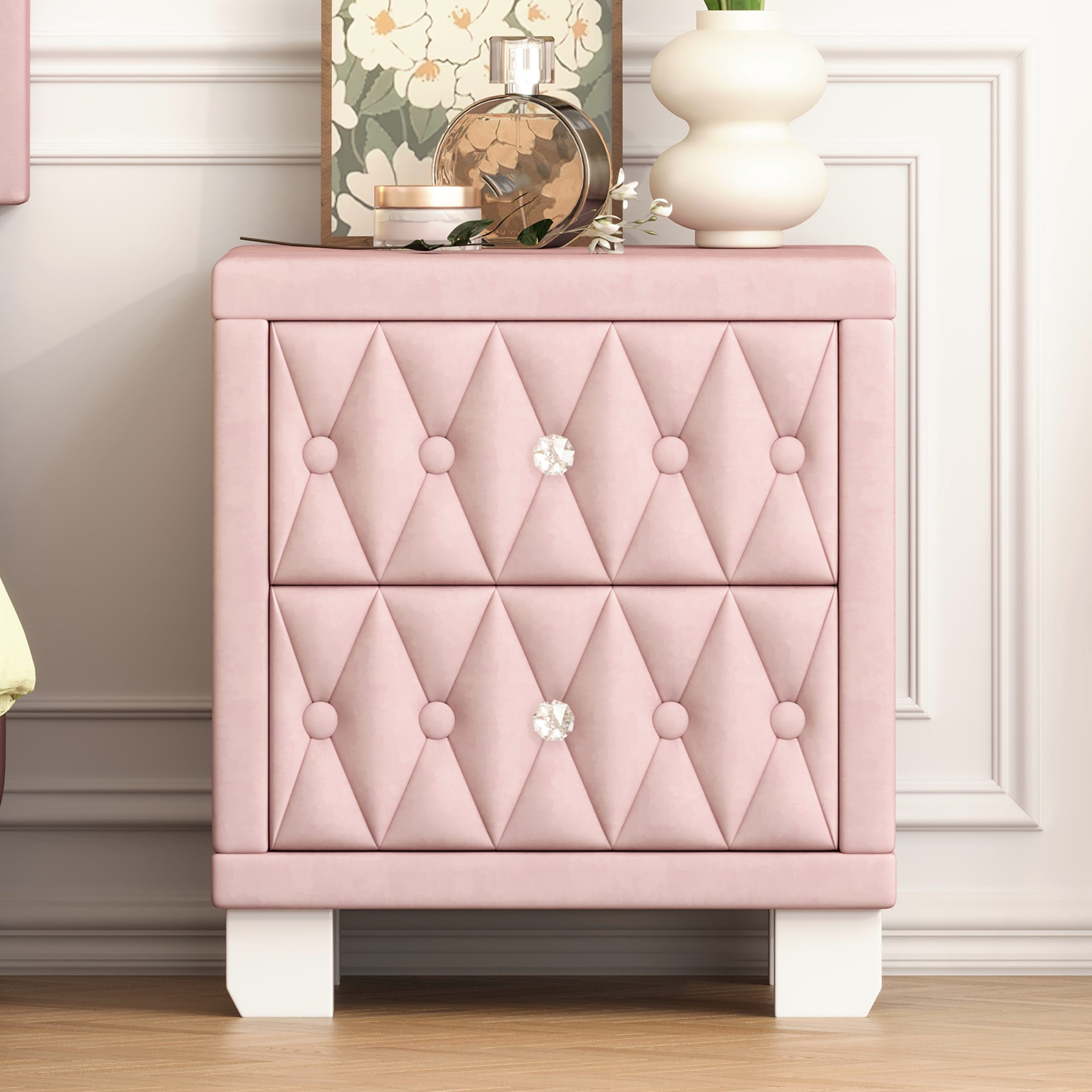 Elegant Velvet Nightstand with 2 Drawers and Crystal Handle, Storage Bedside Table with Button-Tufted, Pink - Image 3