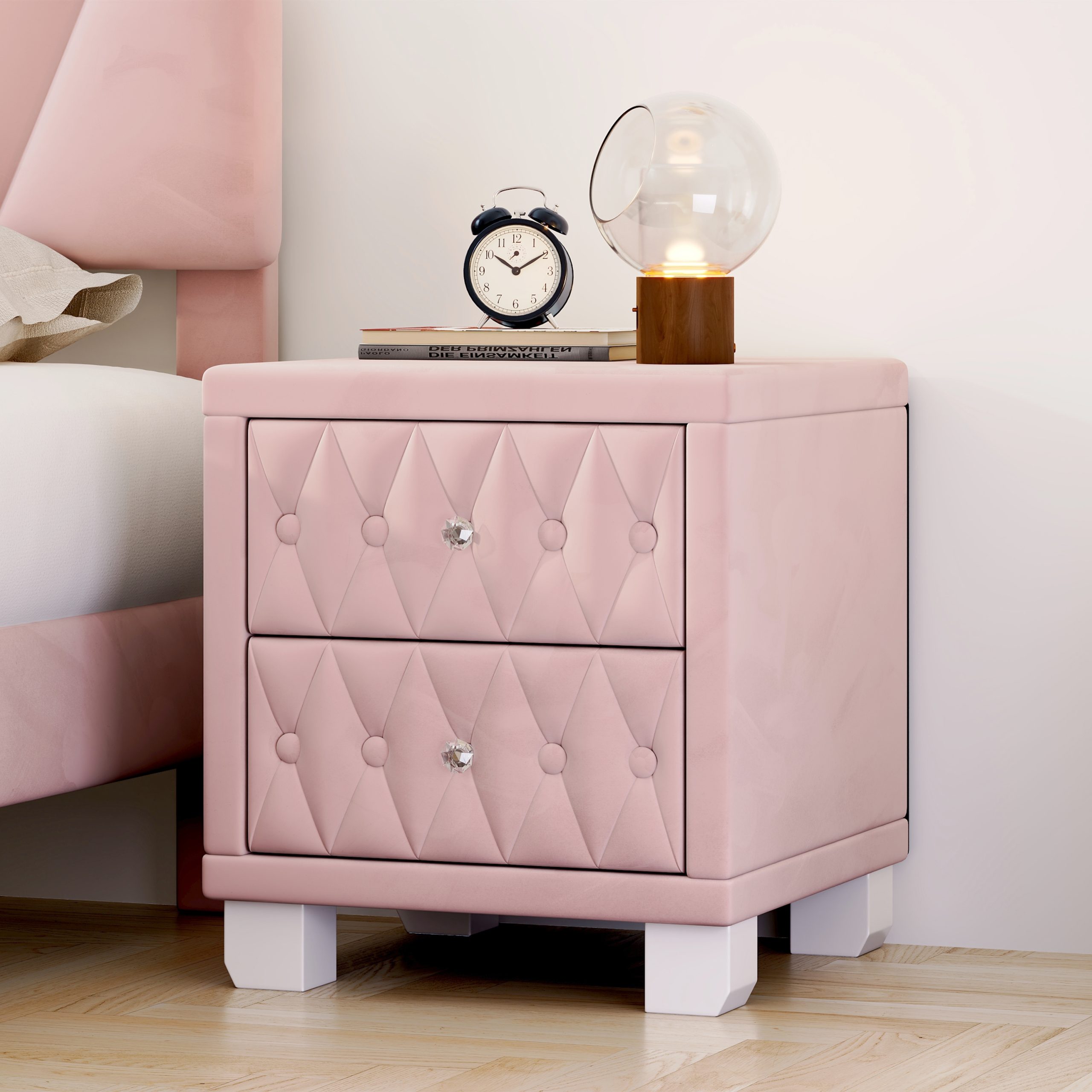 Elegant Velvet Nightstand with 2 Drawers and Crystal Handle, Storage Bedside Table with Button-Tufted, Pink - Image 4