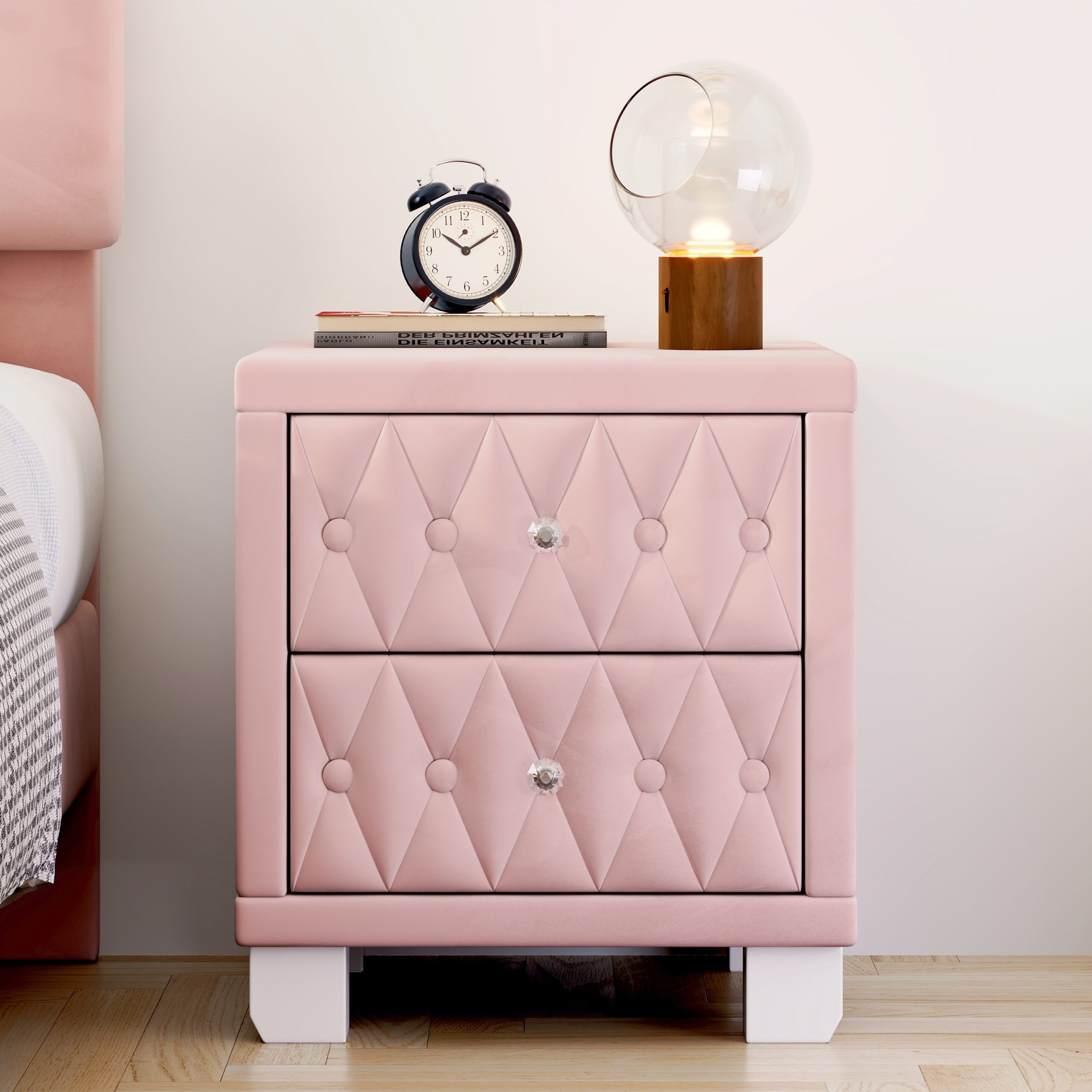 Elegant Velvet Nightstand with 2 Drawers and Crystal Handle, Storage Bedside Table with Button-Tufted, Pink - Image 5