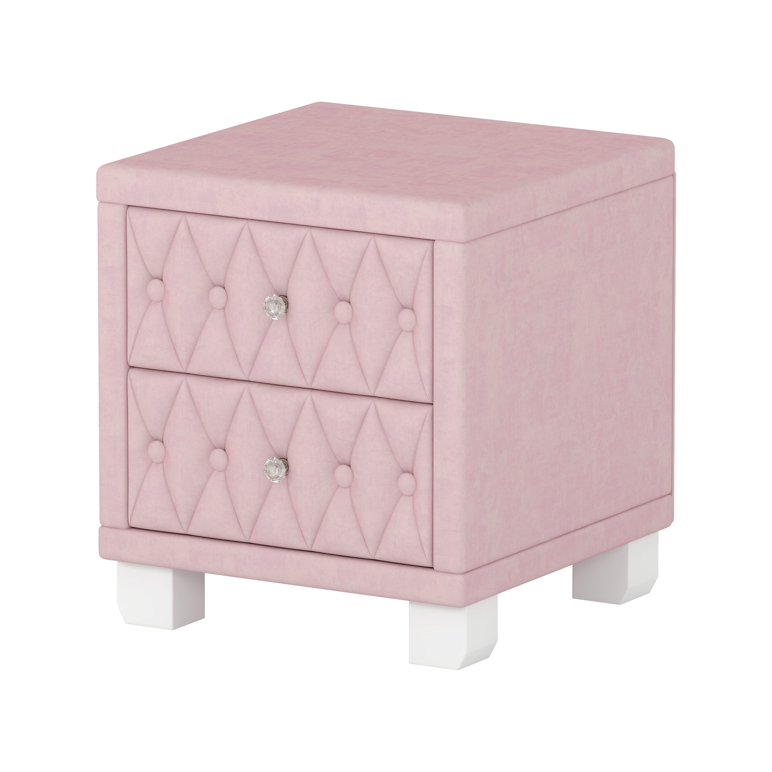 Elegant Velvet Nightstand with 2 Drawers and Crystal Handle, Storage Bedside Table with Button-Tufted, Pink - Image 6