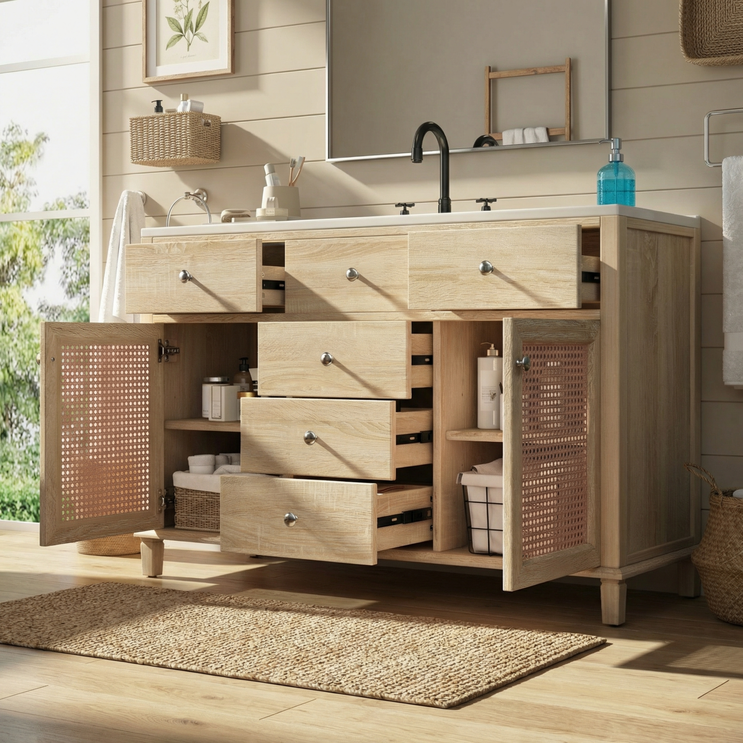 48-Inch Natural Rattan Bathroom Vanity, Solid Wood Frame, 5 Drawers, 2 Rattan Cabinet Doors with Premium Ceramic Sink, Natural Oak