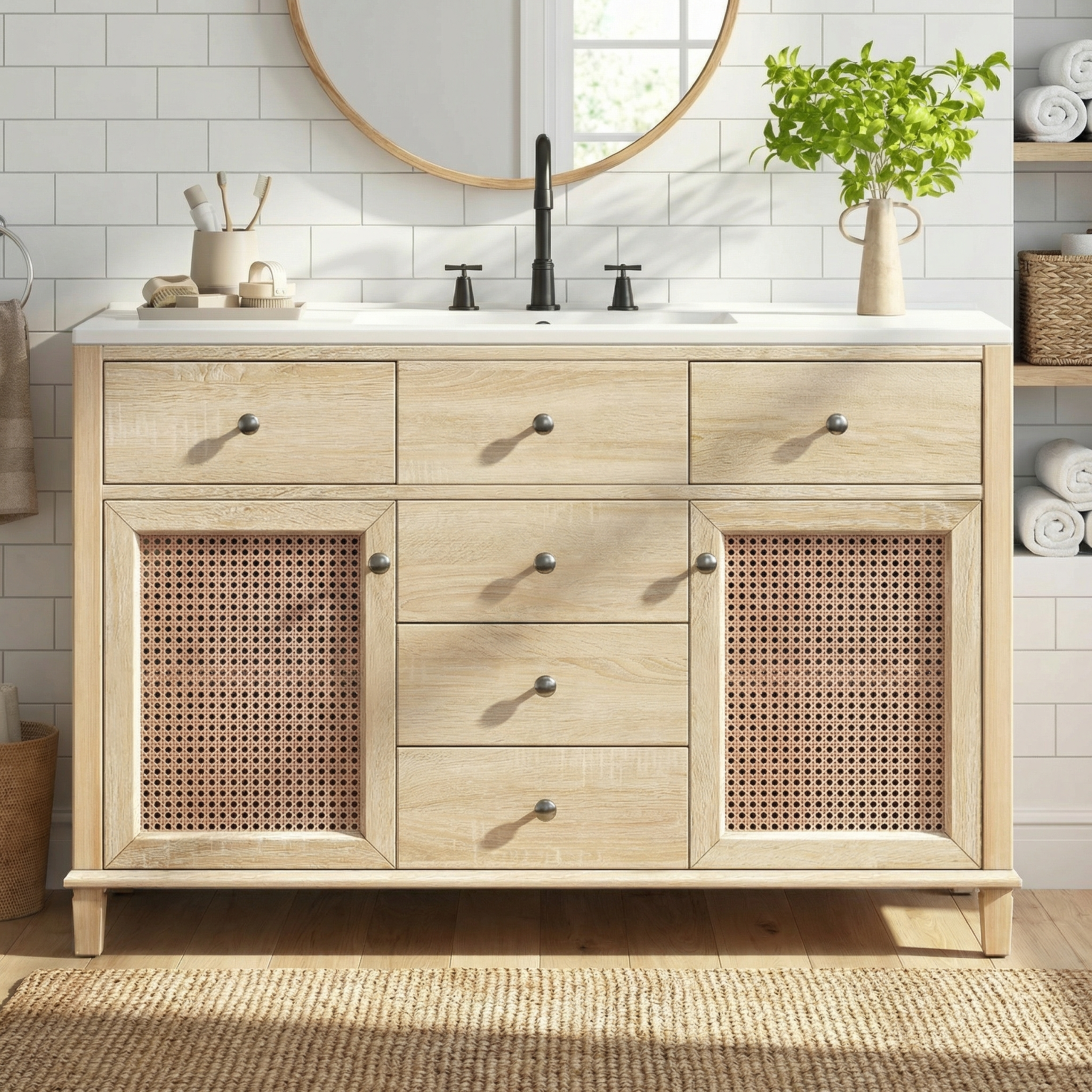 48-Inch Natural Rattan Bathroom Vanity, Solid Wood Frame, 5 Drawers, 2 Rattan Cabinet Doors with Premium Ceramic Sink, Natural Oak - Image 2