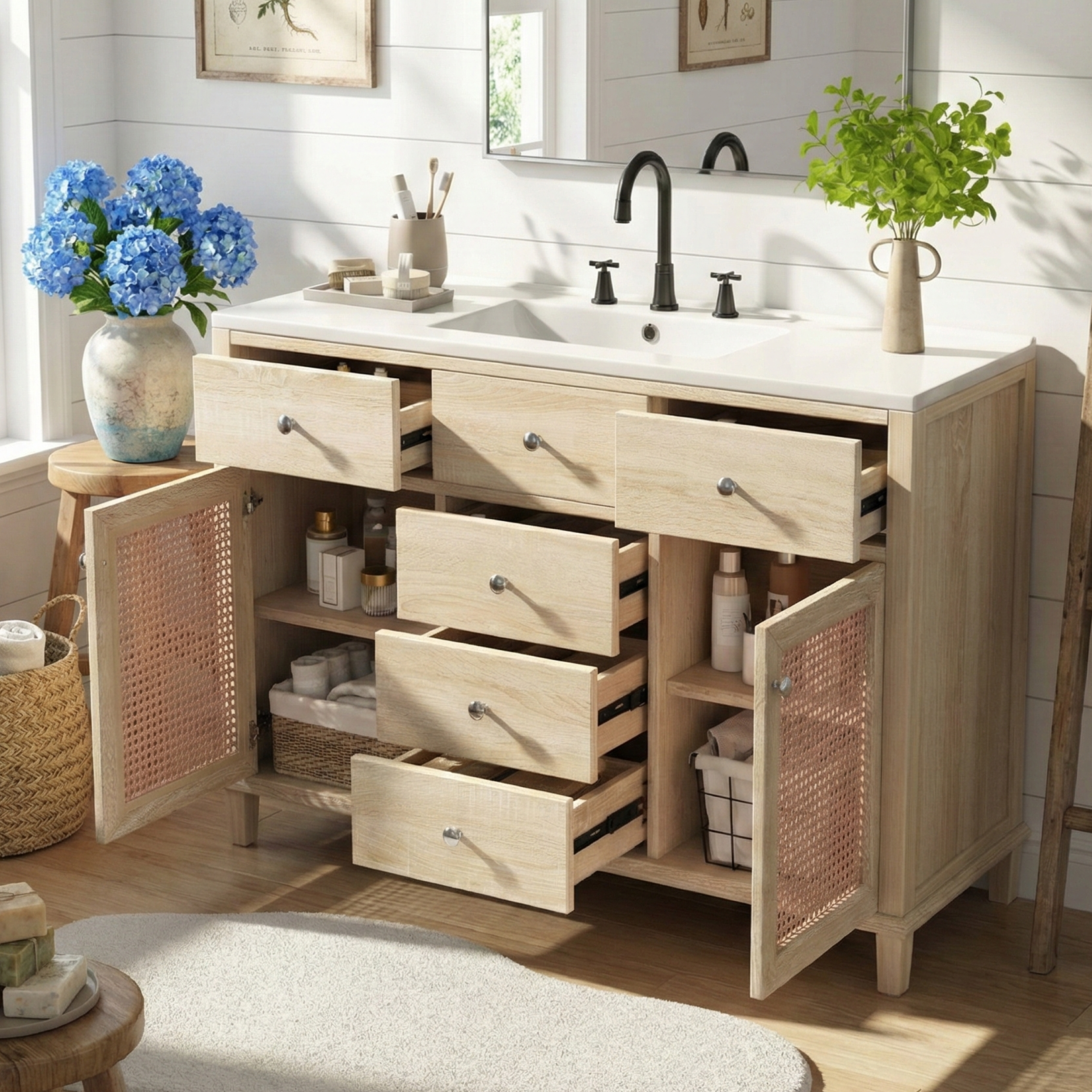 48-Inch Natural Rattan Bathroom Vanity, Solid Wood Frame, 5 Drawers, 2 Rattan Cabinet Doors with Premium Ceramic Sink, Natural Oak - Image 3