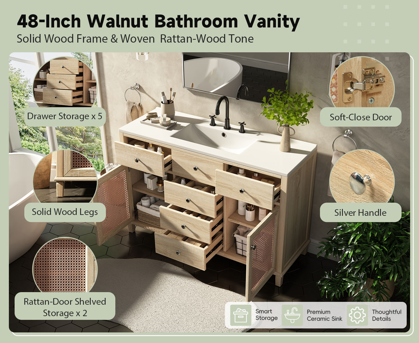 48-Inch Natural Rattan Bathroom Vanity, Solid Wood Frame, 5 Drawers, 2 Rattan Cabinet Doors with Premium Ceramic Sink, Natural Oak - Image 4