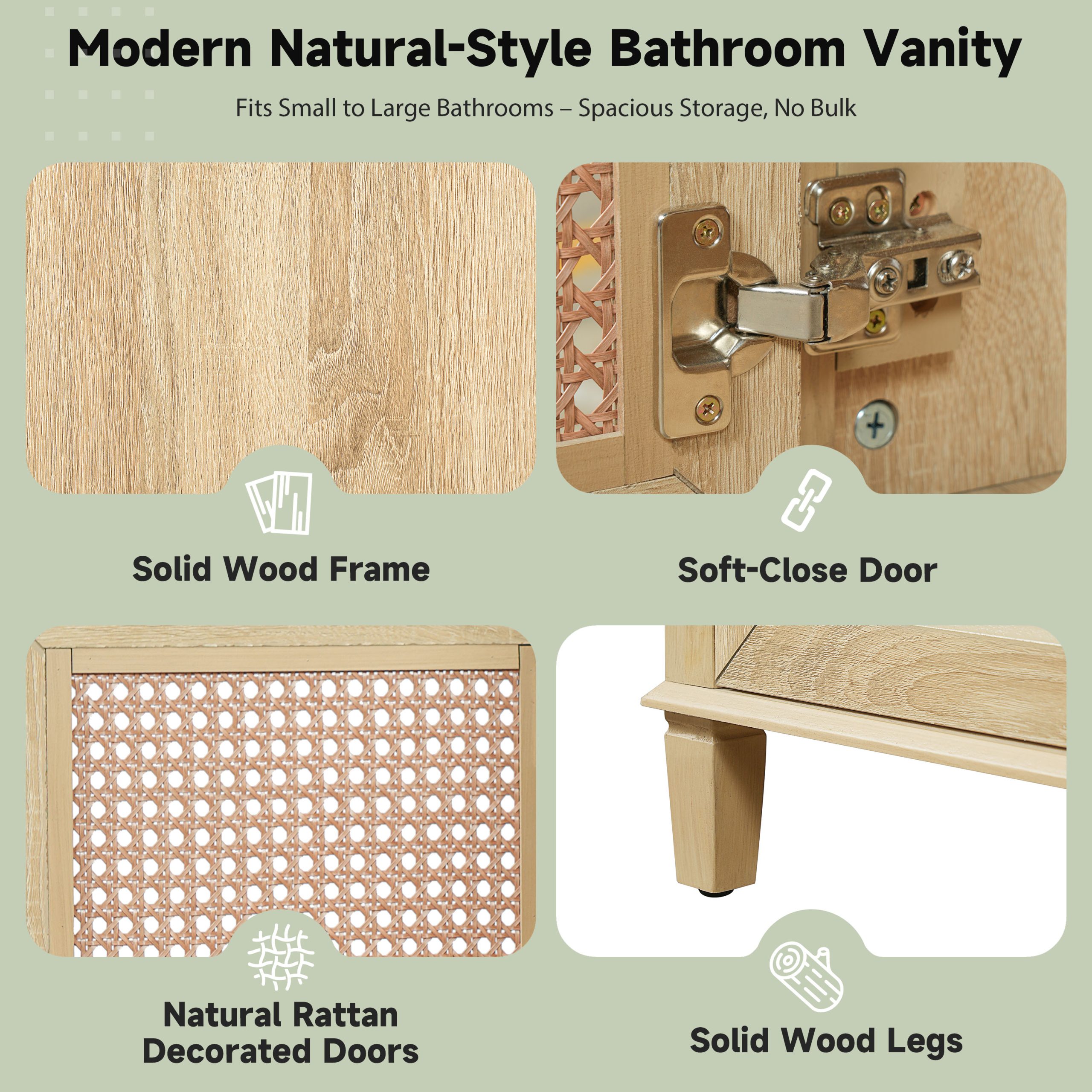 48-Inch Natural Rattan Bathroom Vanity, Solid Wood Frame, 5 Drawers, 2 Rattan Cabinet Doors with Premium Ceramic Sink, Natural Oak - Image 5