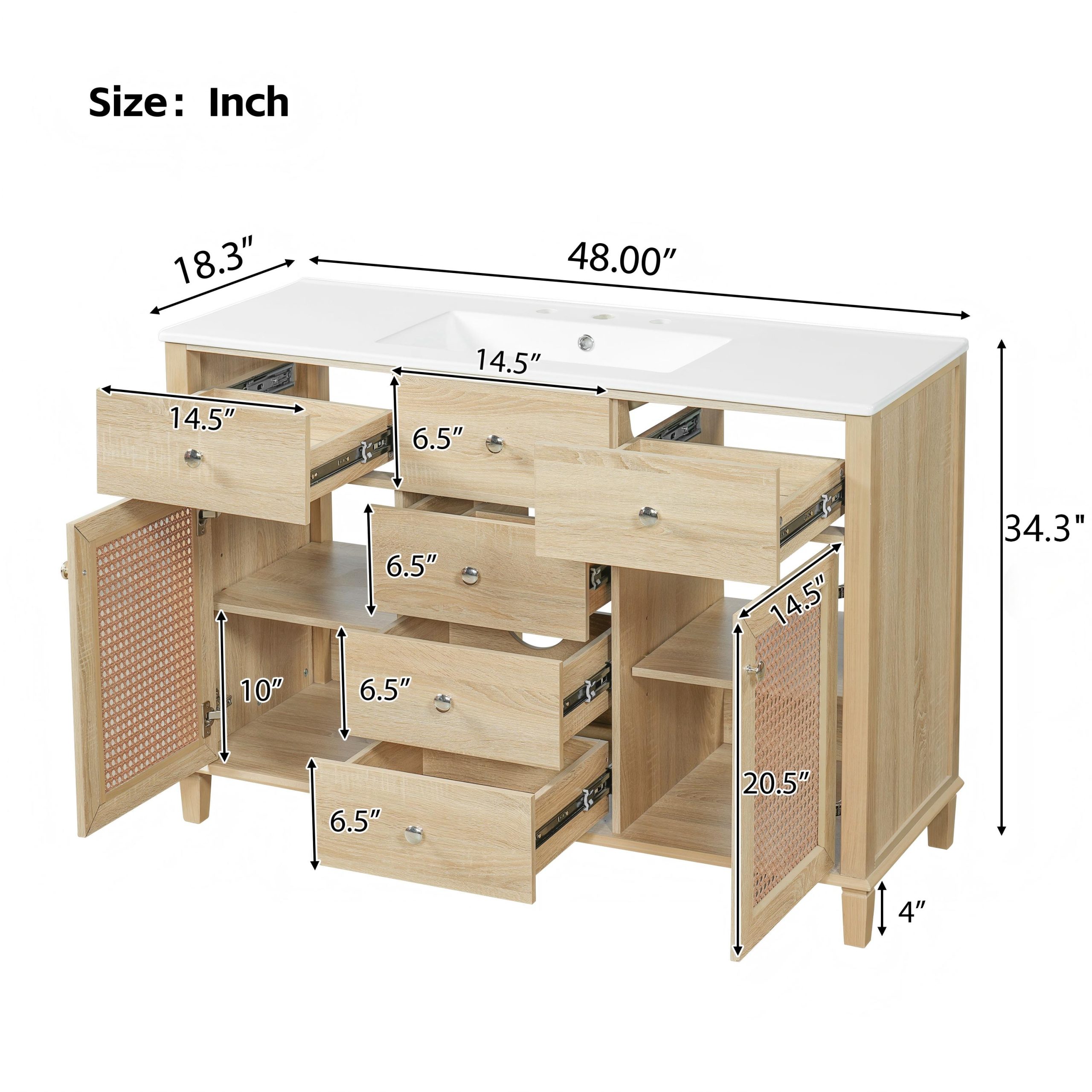 48-Inch Natural Rattan Bathroom Vanity, Solid Wood Frame, 5 Drawers, 2 Rattan Cabinet Doors with Premium Ceramic Sink, Natural Oak - Image 6