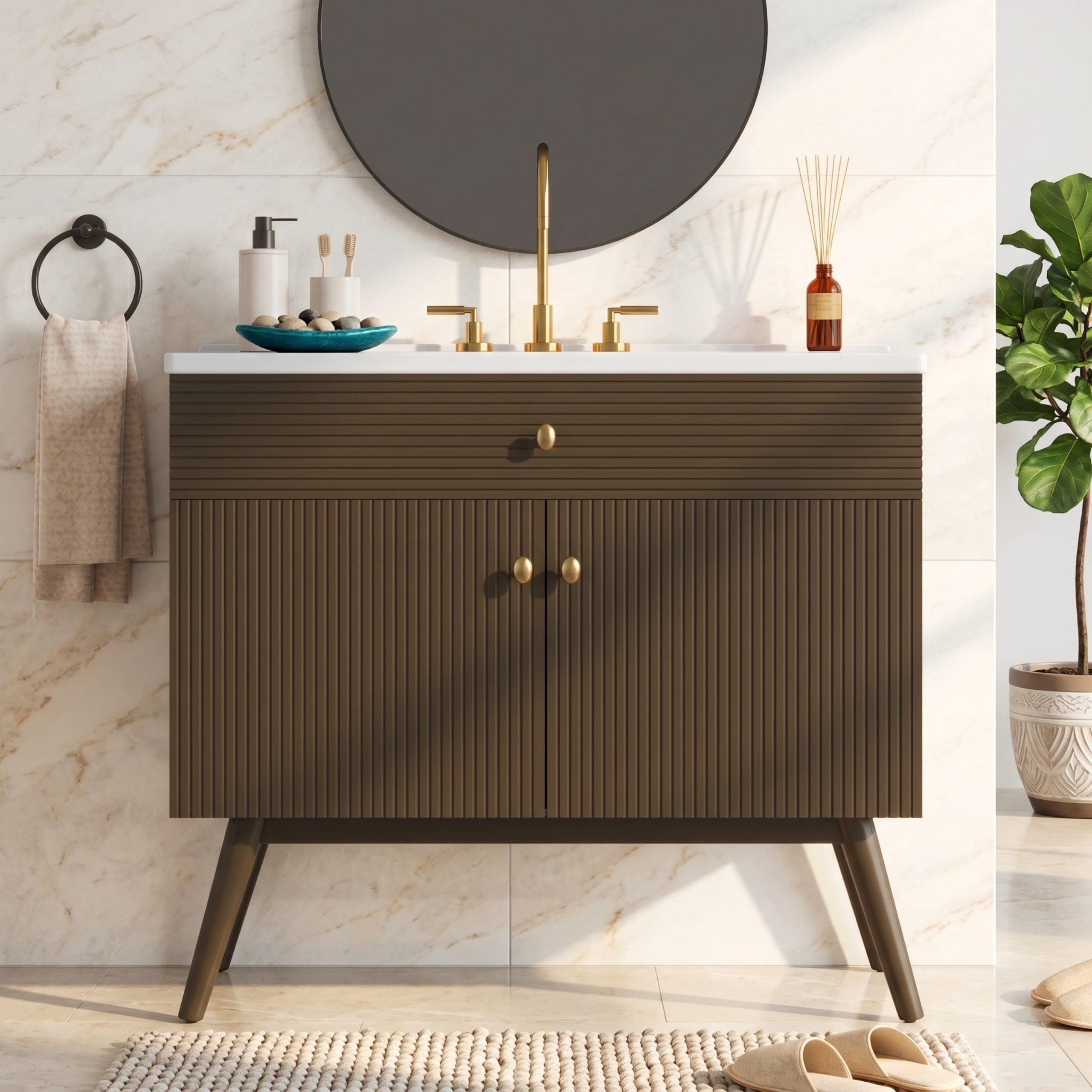 36″ Luxury Striped Bathroom Vanity, Soft-Close Dual-Door Storage & Premium Ceramic Sink, Dark Brown