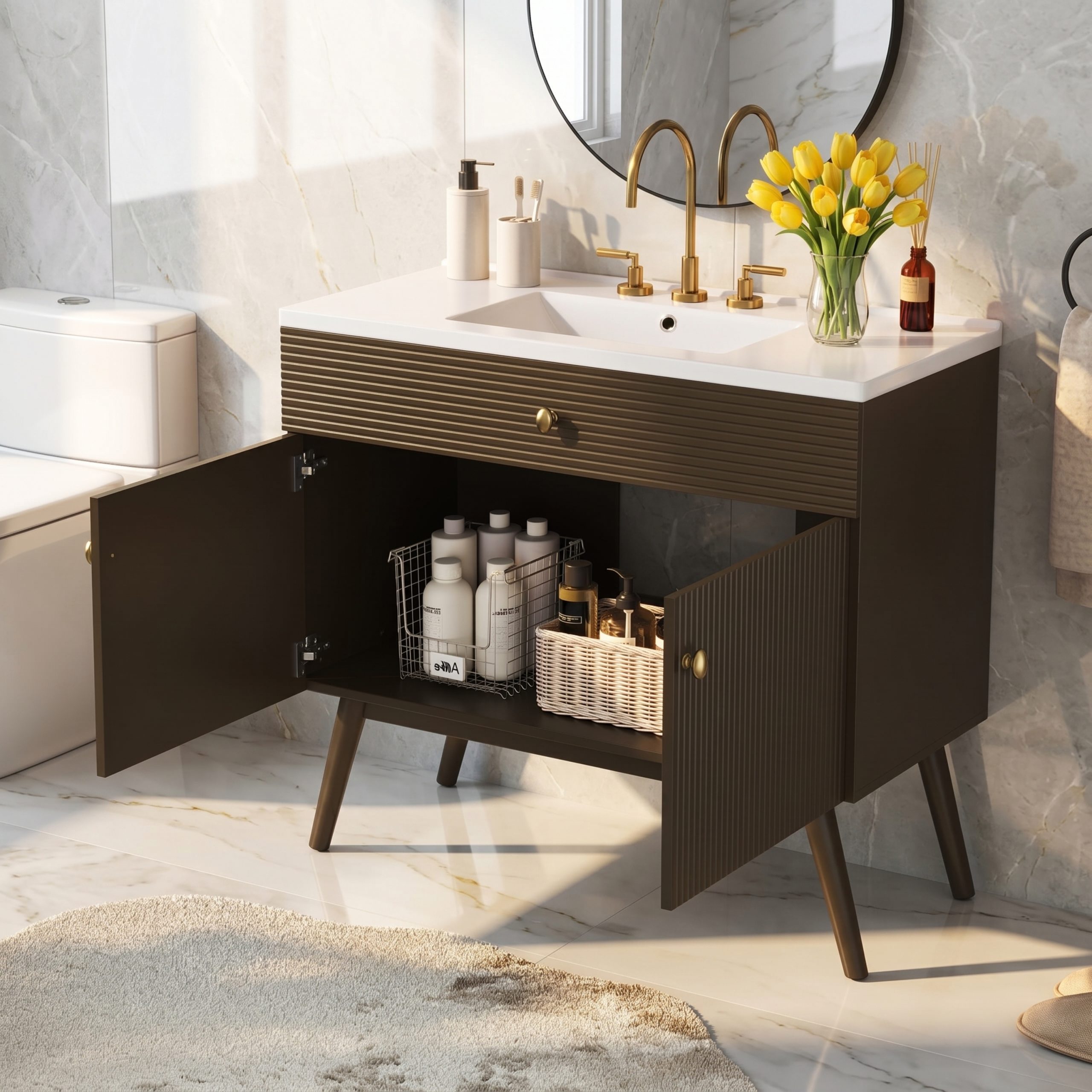 36" Luxury Striped Bathroom Vanity, Soft-Close Dual-Door Storage & Premium Ceramic Sink, Dark Brown - Image 2