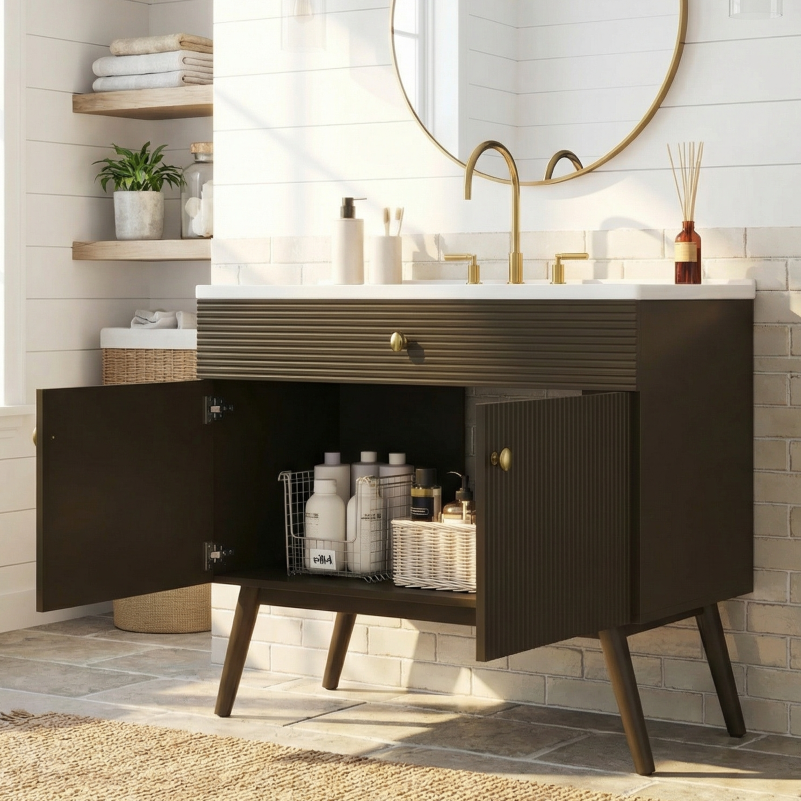 36" Luxury Striped Bathroom Vanity, Soft-Close Dual-Door Storage & Premium Ceramic Sink, Dark Brown - Image 3