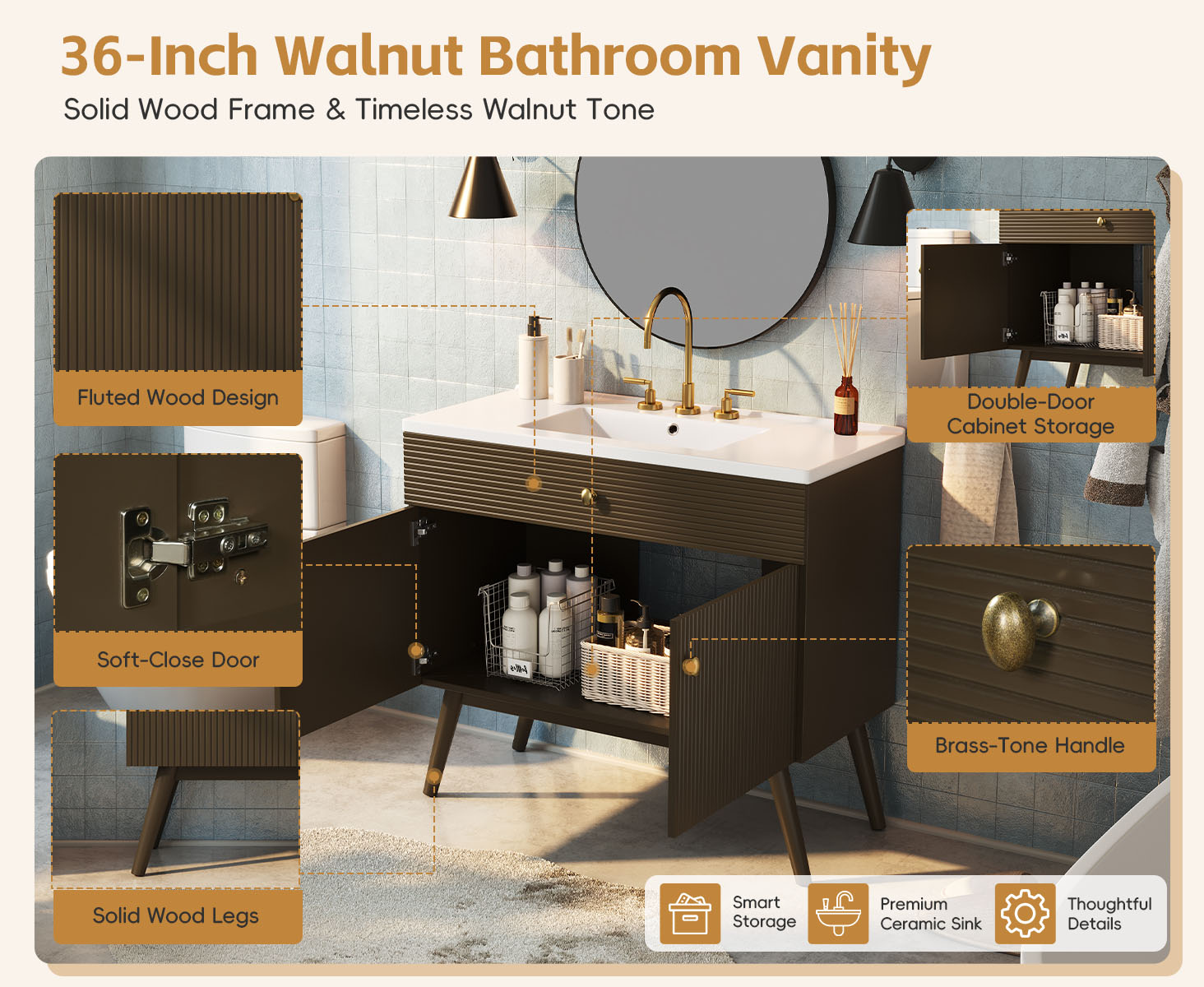 36" Luxury Striped Bathroom Vanity, Soft-Close Dual-Door Storage & Premium Ceramic Sink, Dark Brown - Image 4
