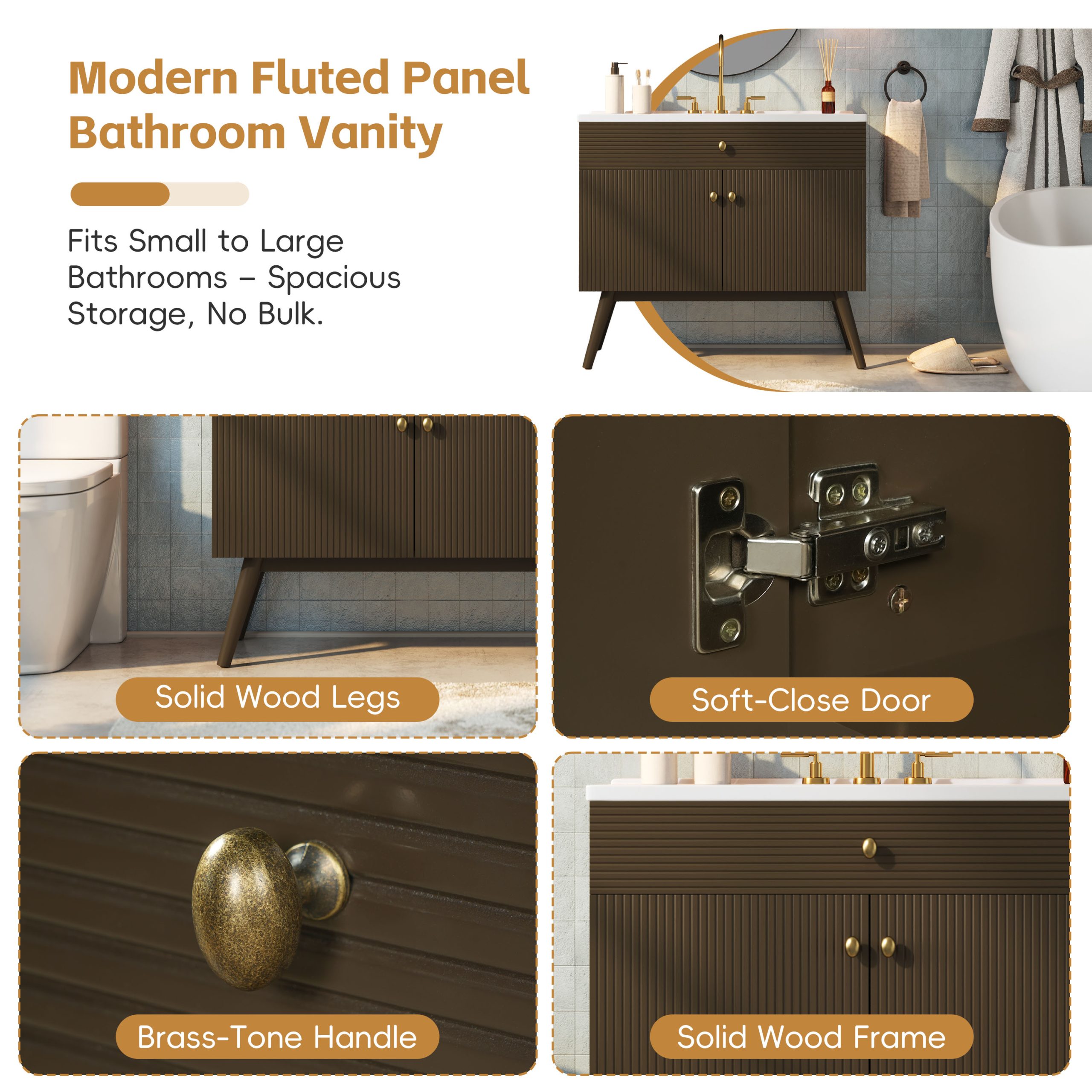 36" Luxury Striped Bathroom Vanity, Soft-Close Dual-Door Storage & Premium Ceramic Sink, Dark Brown - Image 5