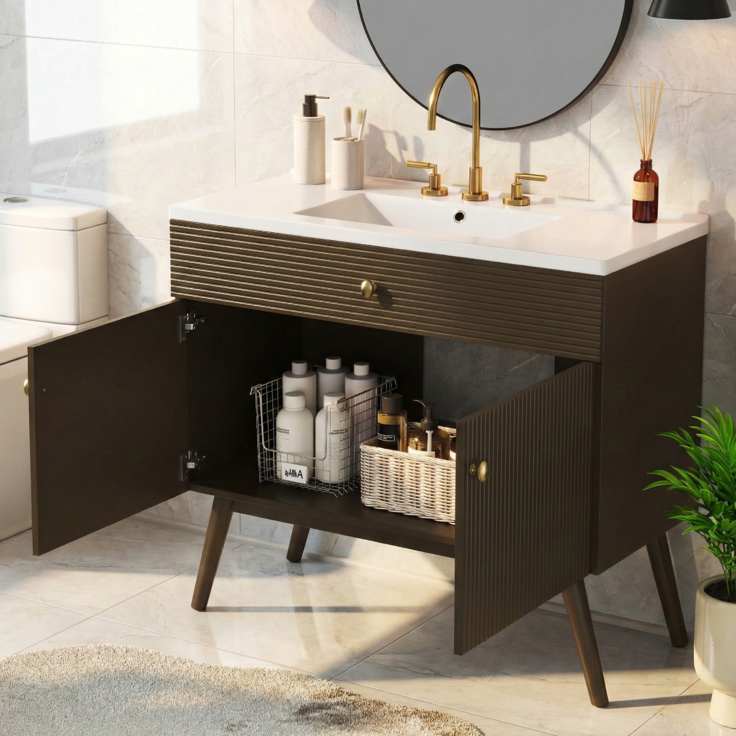 36" Luxury Striped Bathroom Vanity, Soft-Close Dual-Door Storage & Premium Ceramic Sink, Dark Brown - Image 6