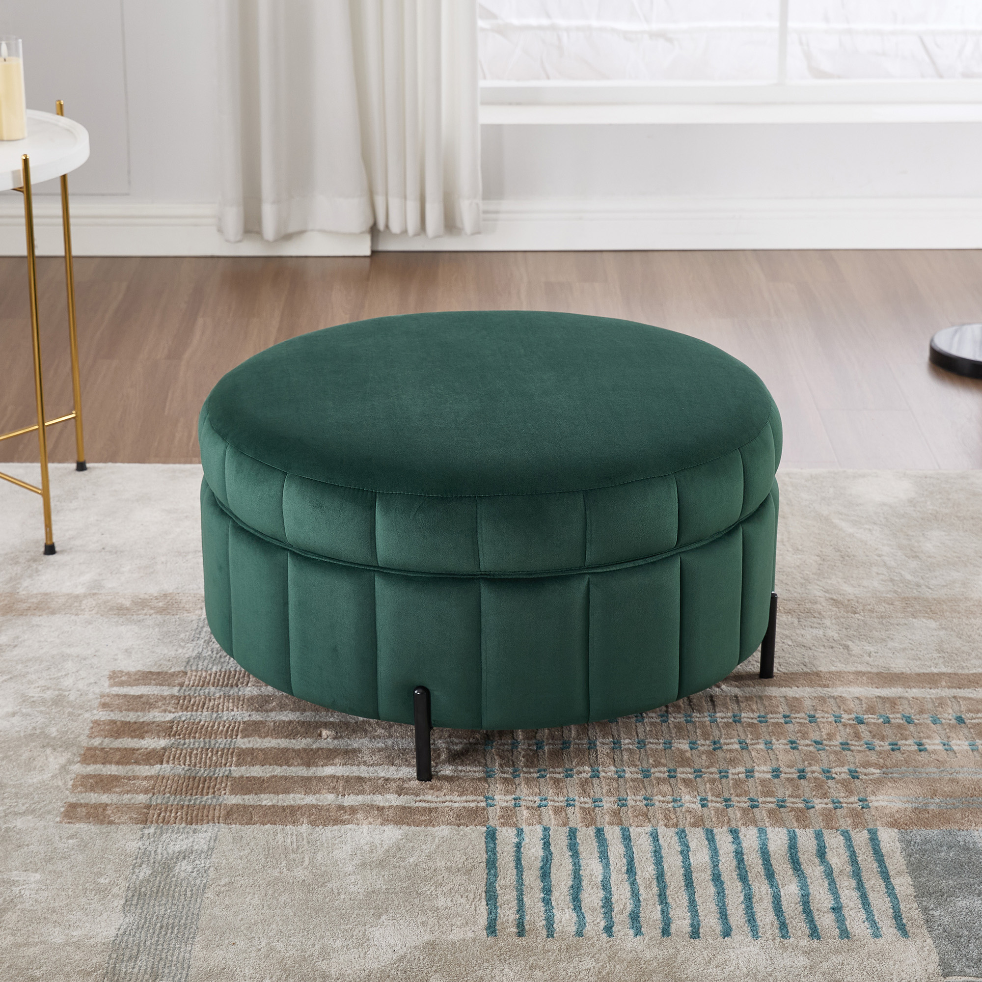 31.5"W Upholstered Round Ottoman With Reversible Lid, Velvet Storage Stool, Channel Tufted Pumpkin-shape Footstool for Living room, Bedroom and Office, Green - Image 3