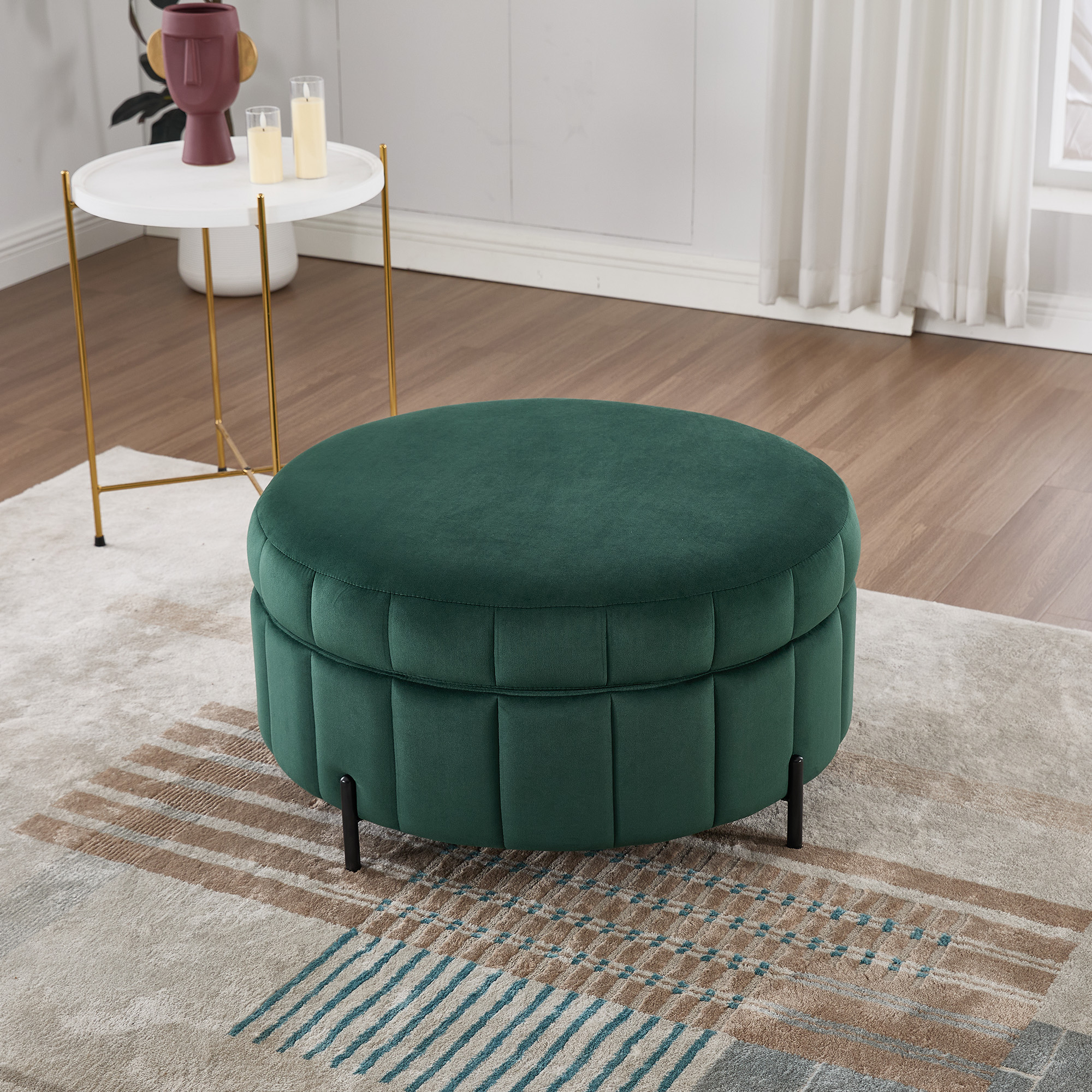 31.5"W Upholstered Round Ottoman With Reversible Lid, Velvet Storage Stool, Channel Tufted Pumpkin-shape Footstool for Living room, Bedroom and Office, Green - Image 2