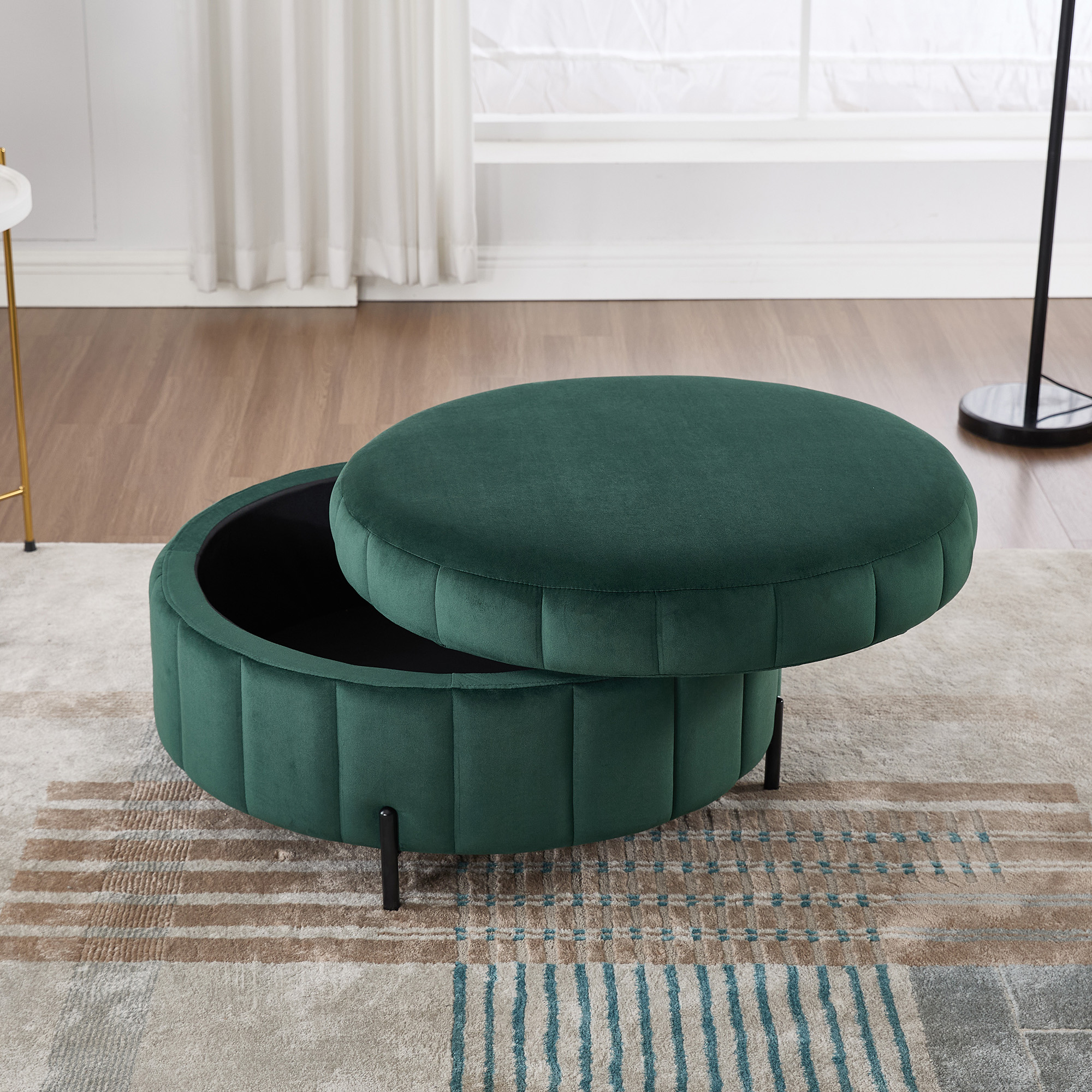 31.5"W Upholstered Round Ottoman With Reversible Lid, Velvet Storage Stool, Channel Tufted Pumpkin-shape Footstool for Living room, Bedroom and Office, Green - Image 4