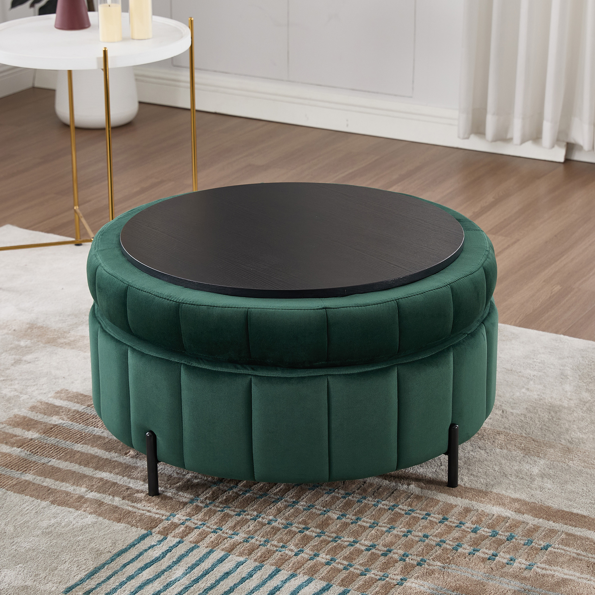 31.5"W Upholstered Round Ottoman With Reversible Lid, Velvet Storage Stool, Channel Tufted Pumpkin-shape Footstool for Living room, Bedroom and Office, Green - Image 5