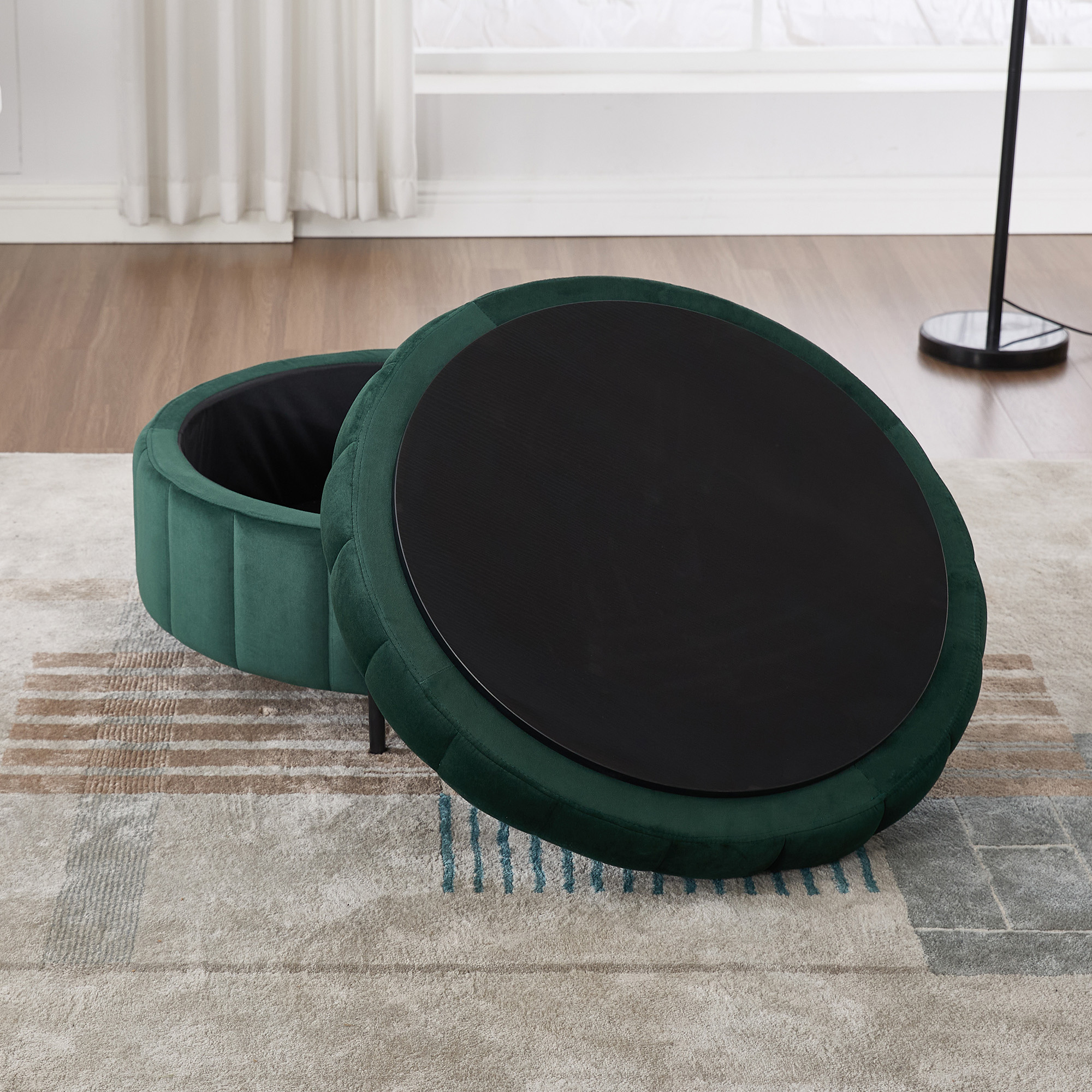 31.5"W Upholstered Round Ottoman With Reversible Lid, Velvet Storage Stool, Channel Tufted Pumpkin-shape Footstool for Living room, Bedroom and Office, Green - Image 6