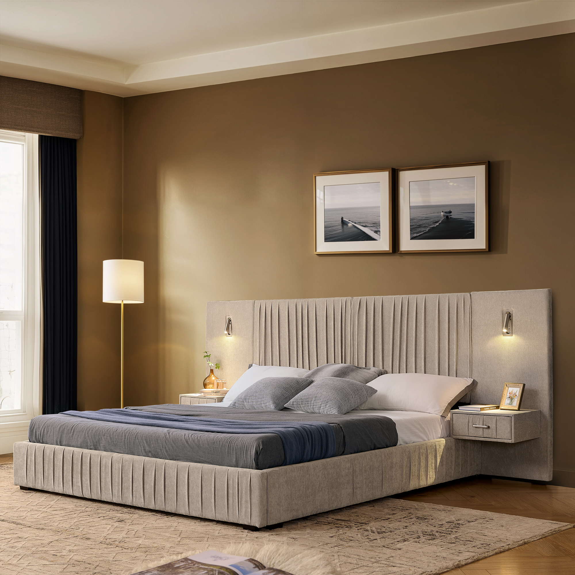 Queen Size Upholstered Bed Frame with Chenille fabric with pleated design,Grounded Queen Size Platform Bed with Headboard and Solid Frame and the bedside table.No Box Spring Needed-Beige - Image 1