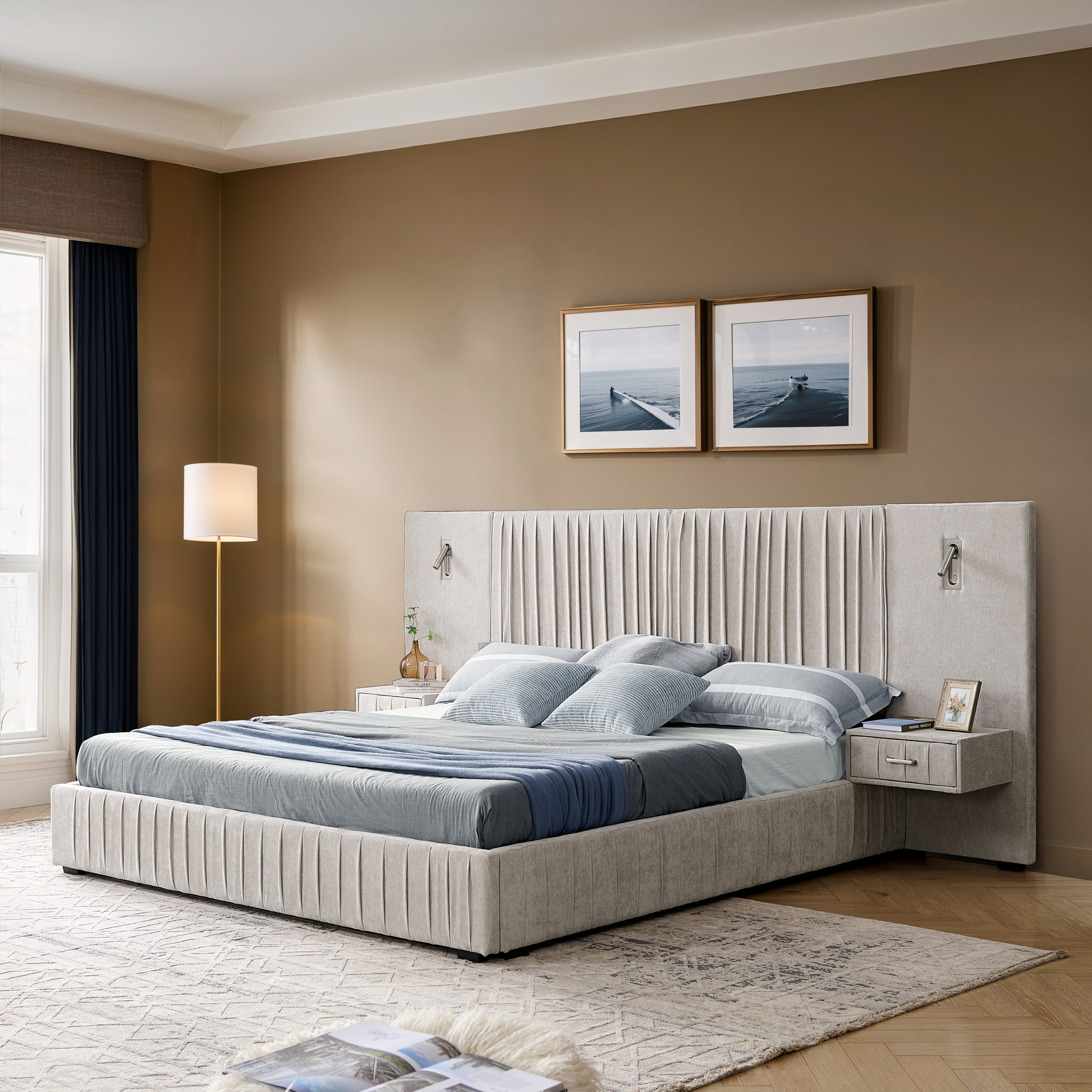 Queen Size Upholstered Bed Frame with Chenille fabric with pleated design,Grounded Queen Size Platform Bed with Headboard and Solid Frame and the bedside table.No Box Spring Needed-Beige - Image 2