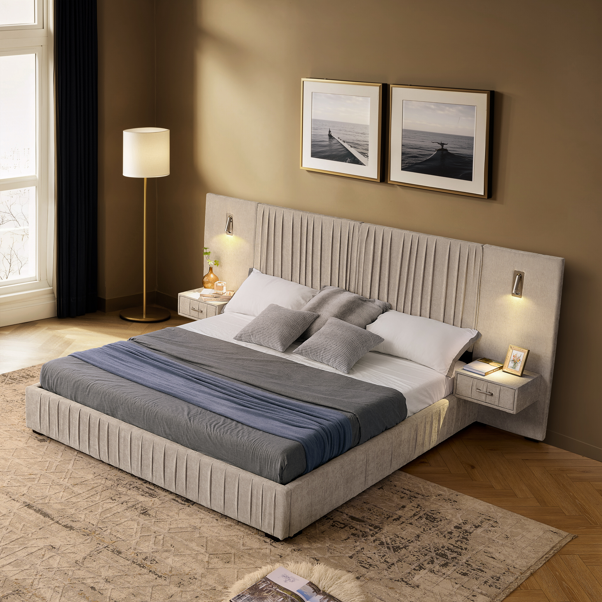 Queen Size Upholstered Bed Frame with Chenille fabric with pleated design,Grounded Queen Size Platform Bed with Headboard and Solid Frame and the bedside table.No Box Spring Needed-Beige - Image 3