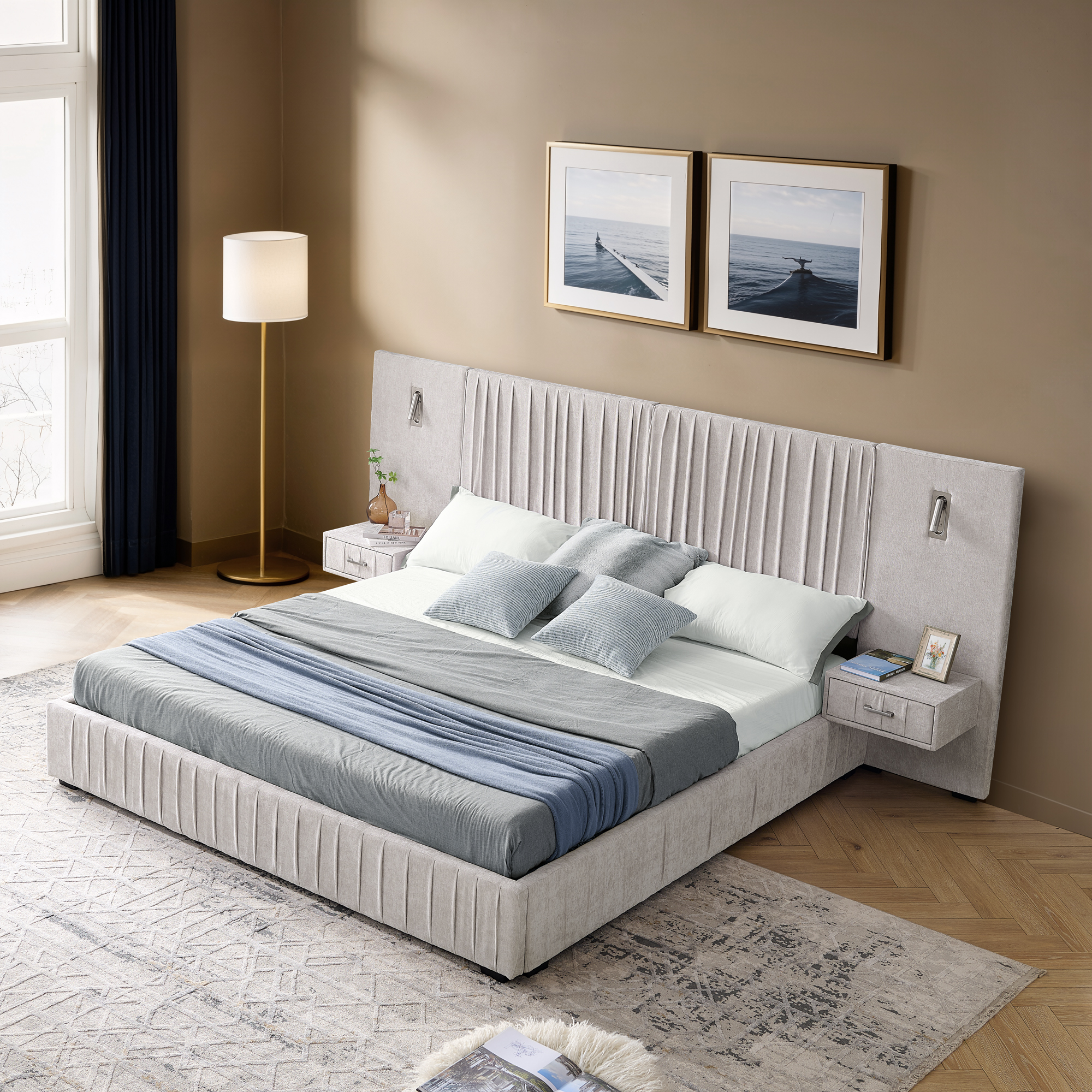 Queen Size Upholstered Bed Frame with Chenille fabric with pleated design,Grounded Queen Size Platform Bed with Headboard and Solid Frame and the bedside table.No Box Spring Needed-Beige - Image 4