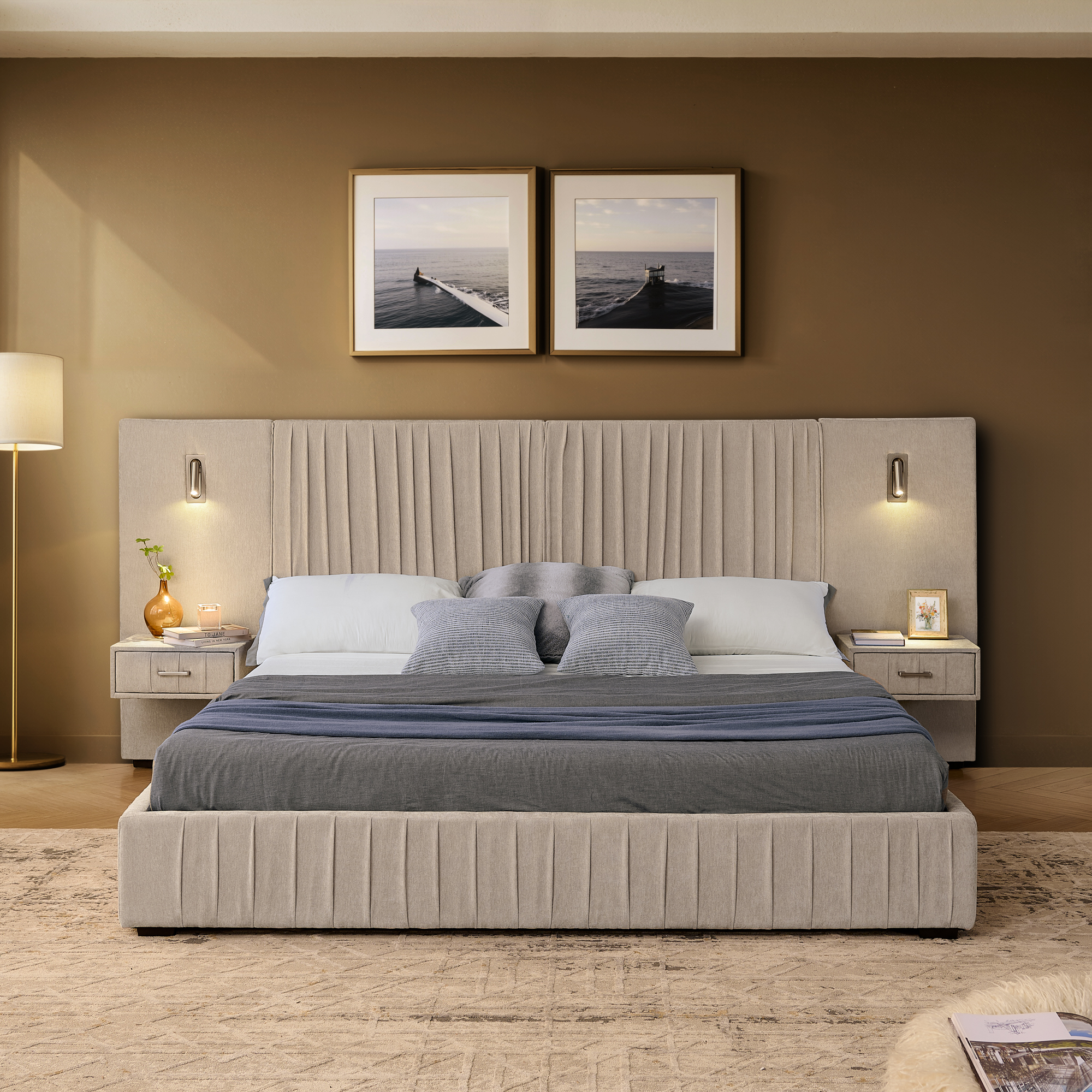 Queen Size Upholstered Bed Frame with Chenille fabric with pleated design,Grounded Queen Size Platform Bed with Headboard and Solid Frame and the bedside table.No Box Spring Needed-Beige - Image 5