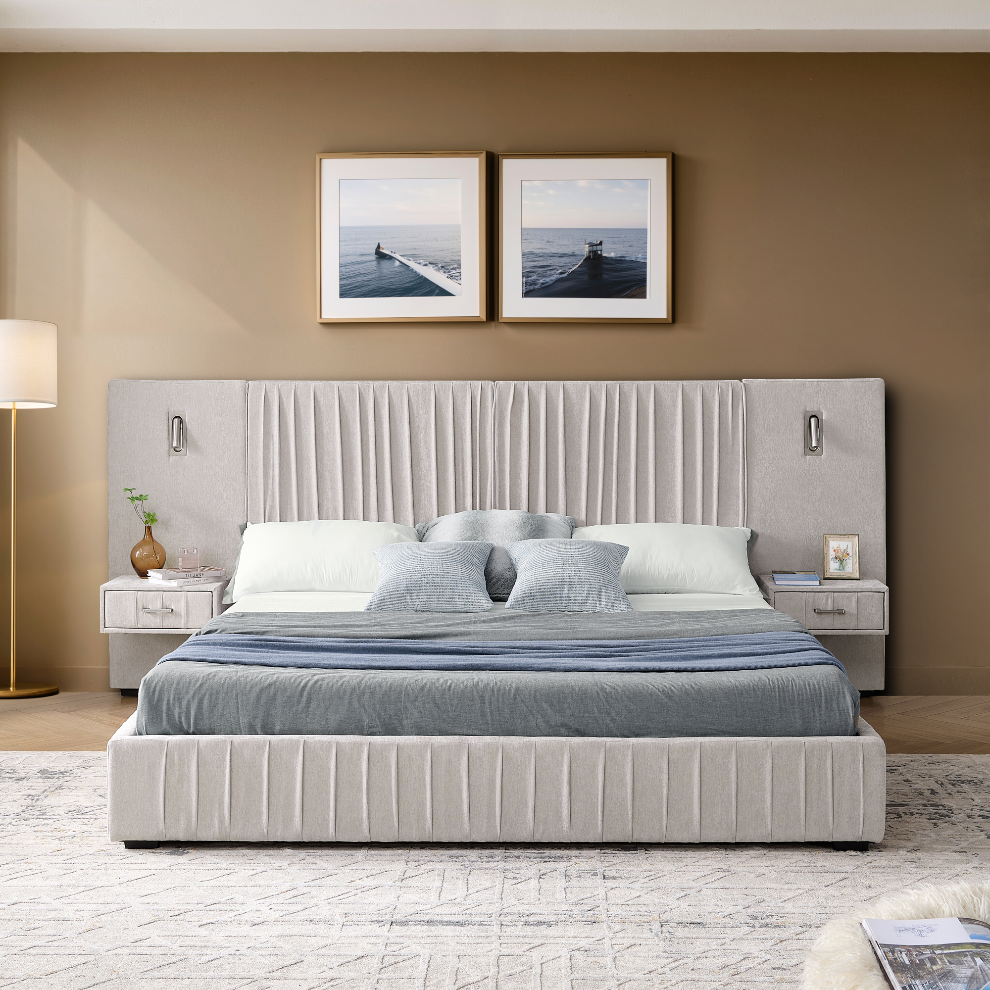 Queen Size Upholstered Bed Frame with Chenille fabric with pleated design,Grounded Queen Size Platform Bed with Headboard and Solid Frame and the bedside table.No Box Spring Needed-Beige - Image 6