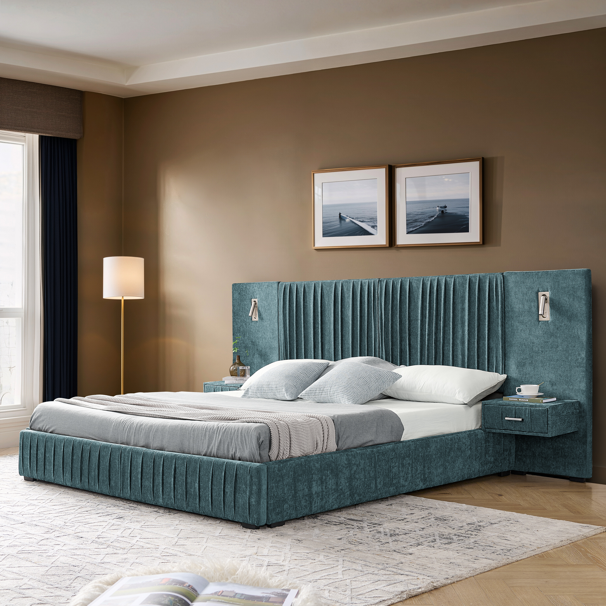 Queen Size Upholstered Bed Frame with Chenille fabric with pleated design,Grounded Queen Size Platform Bed with Headboard and Solid Frame and the bedside table.No Box Spring Needed-Blue-Green - Image 2