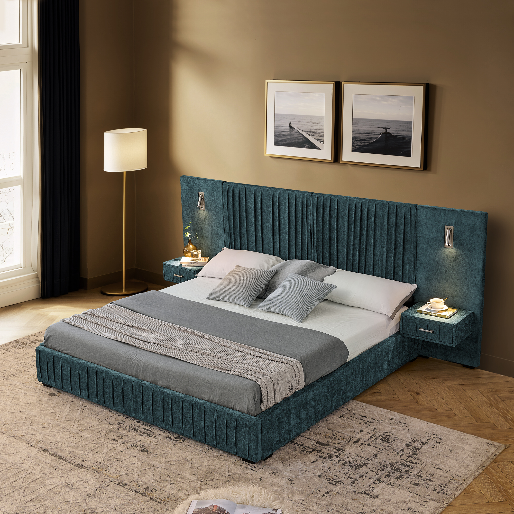Queen Size Upholstered Bed Frame with Chenille fabric with pleated design,Grounded Queen Size Platform Bed with Headboard and Solid Frame and the bedside table.No Box Spring Needed-Blue-Green - Image 3