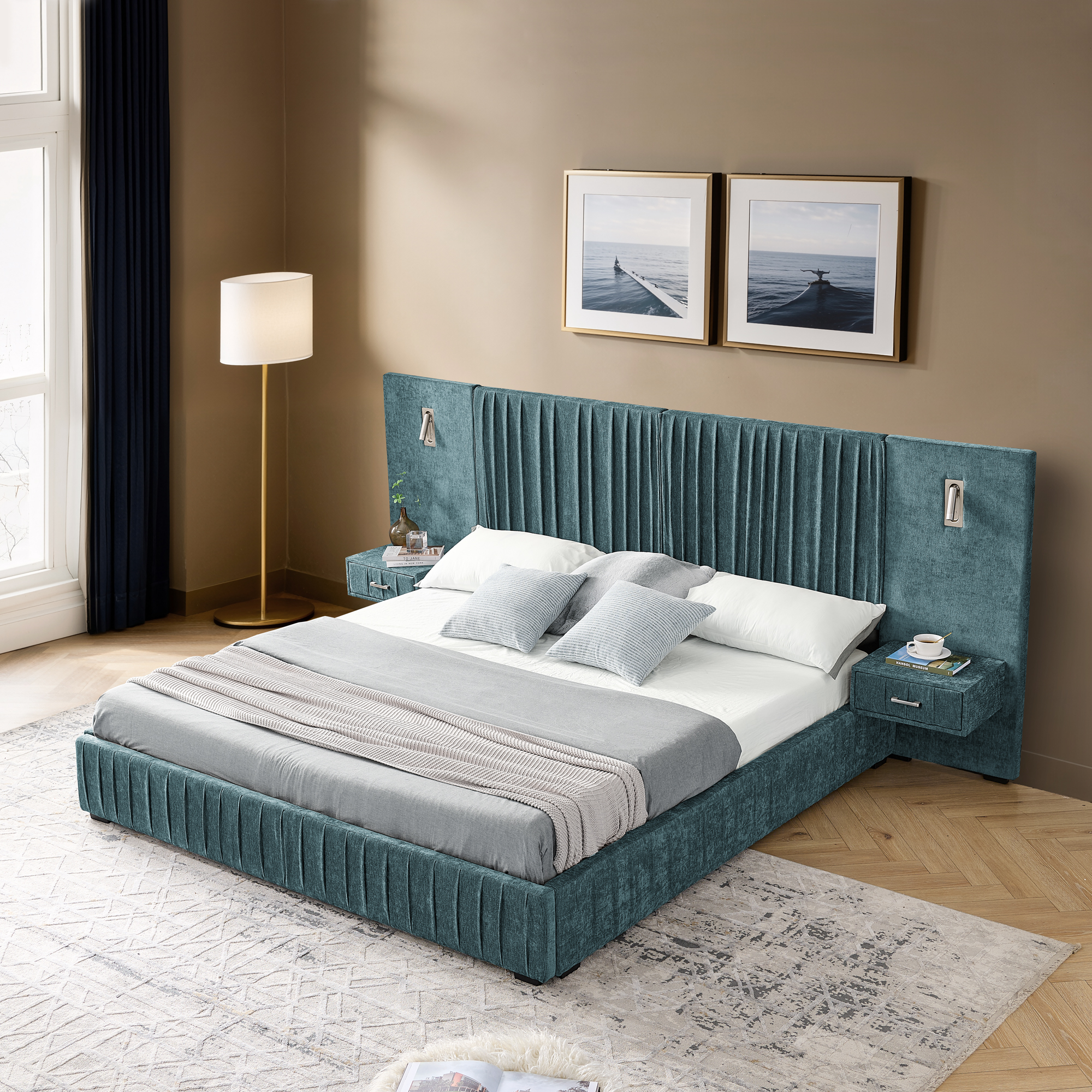 Queen Size Upholstered Bed Frame with Chenille fabric with pleated design,Grounded Queen Size Platform Bed with Headboard and Solid Frame and the bedside table.No Box Spring Needed-Blue-Green - Image 4