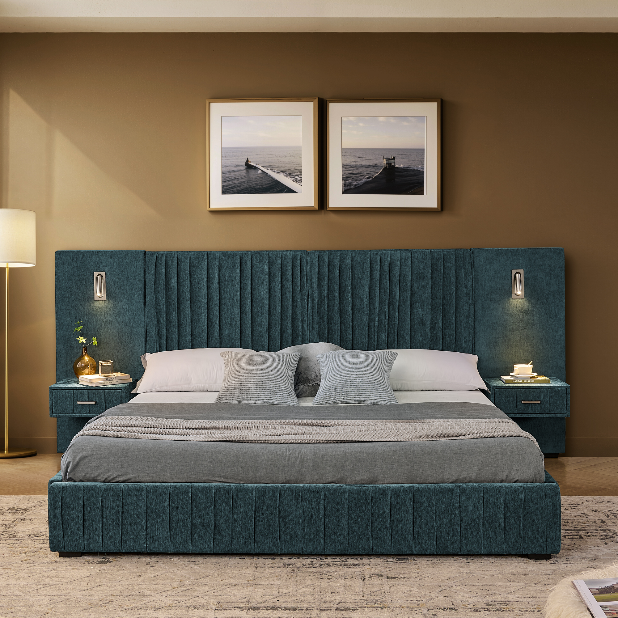 Queen Size Upholstered Bed Frame with Chenille fabric with pleated design,Grounded Queen Size Platform Bed with Headboard and Solid Frame and the bedside table.No Box Spring Needed-Blue-Green - Image 5