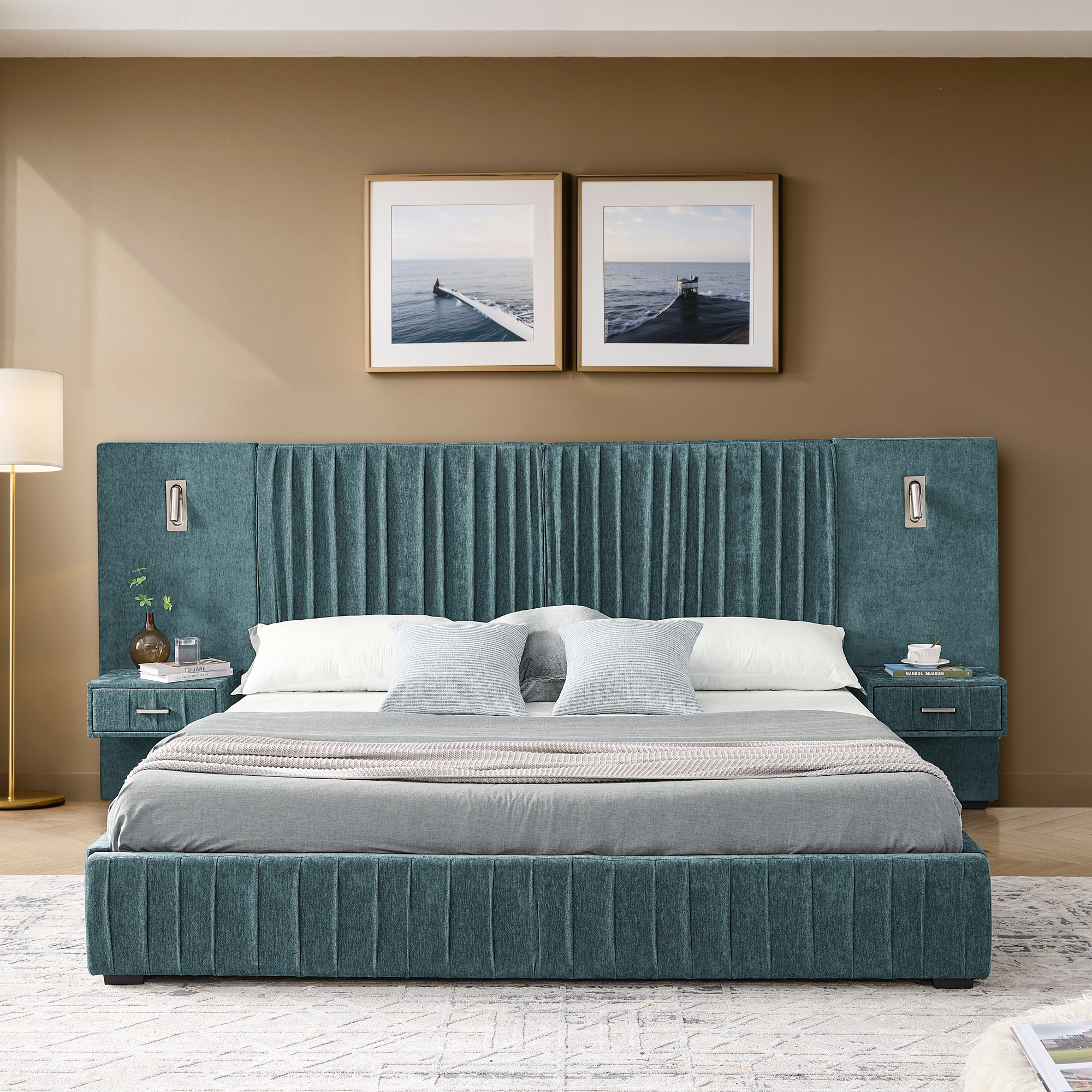 Queen Size Upholstered Bed Frame with Chenille fabric with pleated design,Grounded Queen Size Platform Bed with Headboard and Solid Frame and the bedside table.No Box Spring Needed-Blue-Green - Image 6