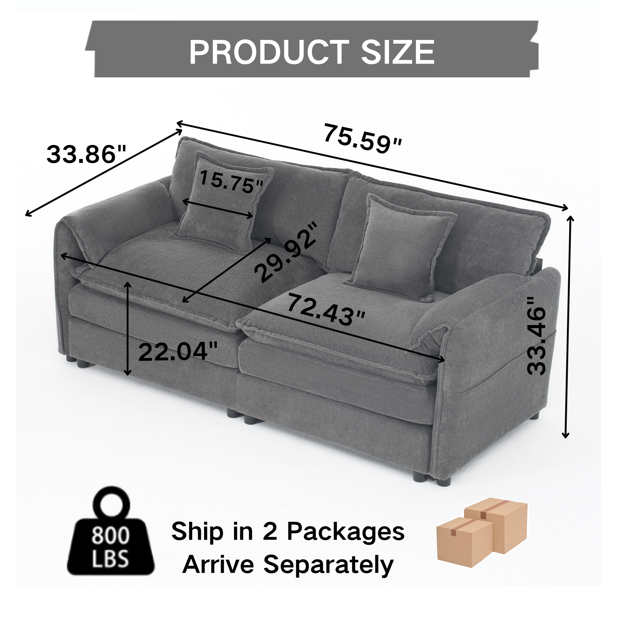 Oversized Chenille Loveseat Sofa, Oversized 2-Seater Small Cloud Couch, Modern Comfy Deep Seat Love Seat for Living Room Bedroom Office Apartment,DIY Combination,Grey - Image 2