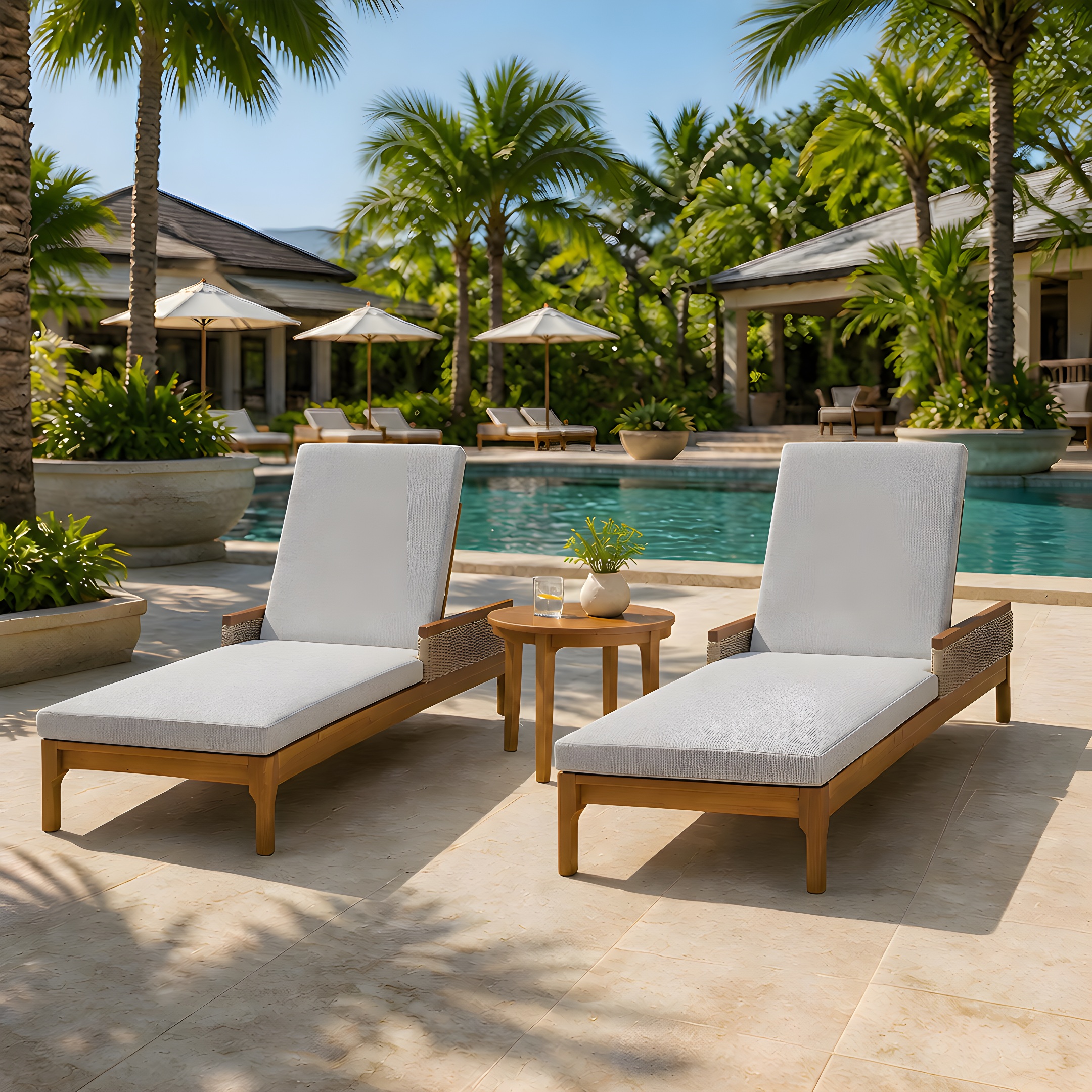 76.8" Solid Acacia Wood Sun Chaise Lounger Set of 2, Outdoor Patio Furniture with Grey Cushions and Light Grey Wicker for Garden, Deck, Poolside Relaxation,Natural +Light Grey Wicker - Image 2