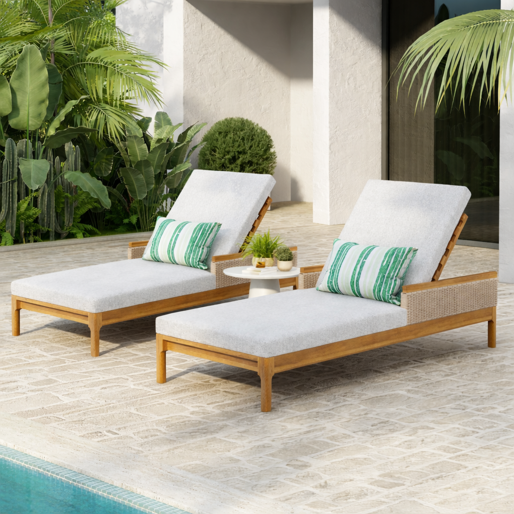 76.8" Solid Acacia Wood Sun Chaise Lounger Set of 2, Outdoor Patio Furniture with Grey Cushions and Light Grey Wicker for Garden, Deck, Poolside Relaxation,Natural +Light Grey Wicker - Image 3