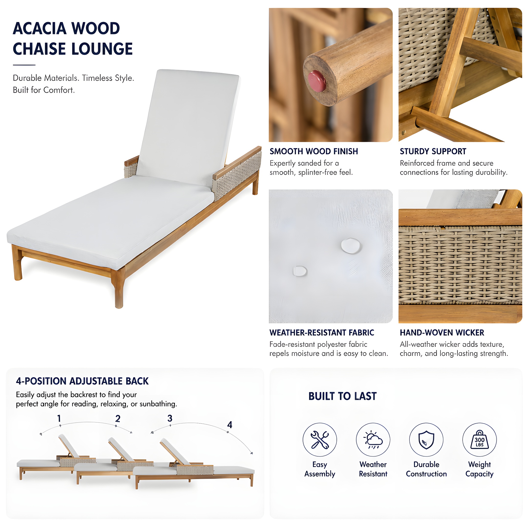76.8" Solid Acacia Wood Sun Chaise Lounger Set of 2, Outdoor Patio Furniture with Grey Cushions and Light Grey Wicker for Garden, Deck, Poolside Relaxation,Natural +Light Grey Wicker - Image 5