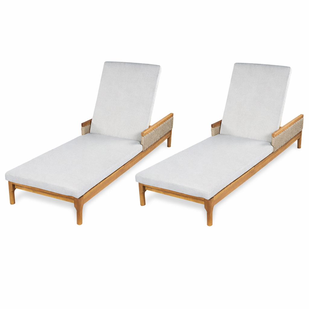 76.8" Solid Acacia Wood Sun Chaise Lounger Set of 2, Outdoor Patio Furniture with Grey Cushions and Light Grey Wicker for Garden, Deck, Poolside Relaxation,Natural +Light Grey Wicker - Image 6