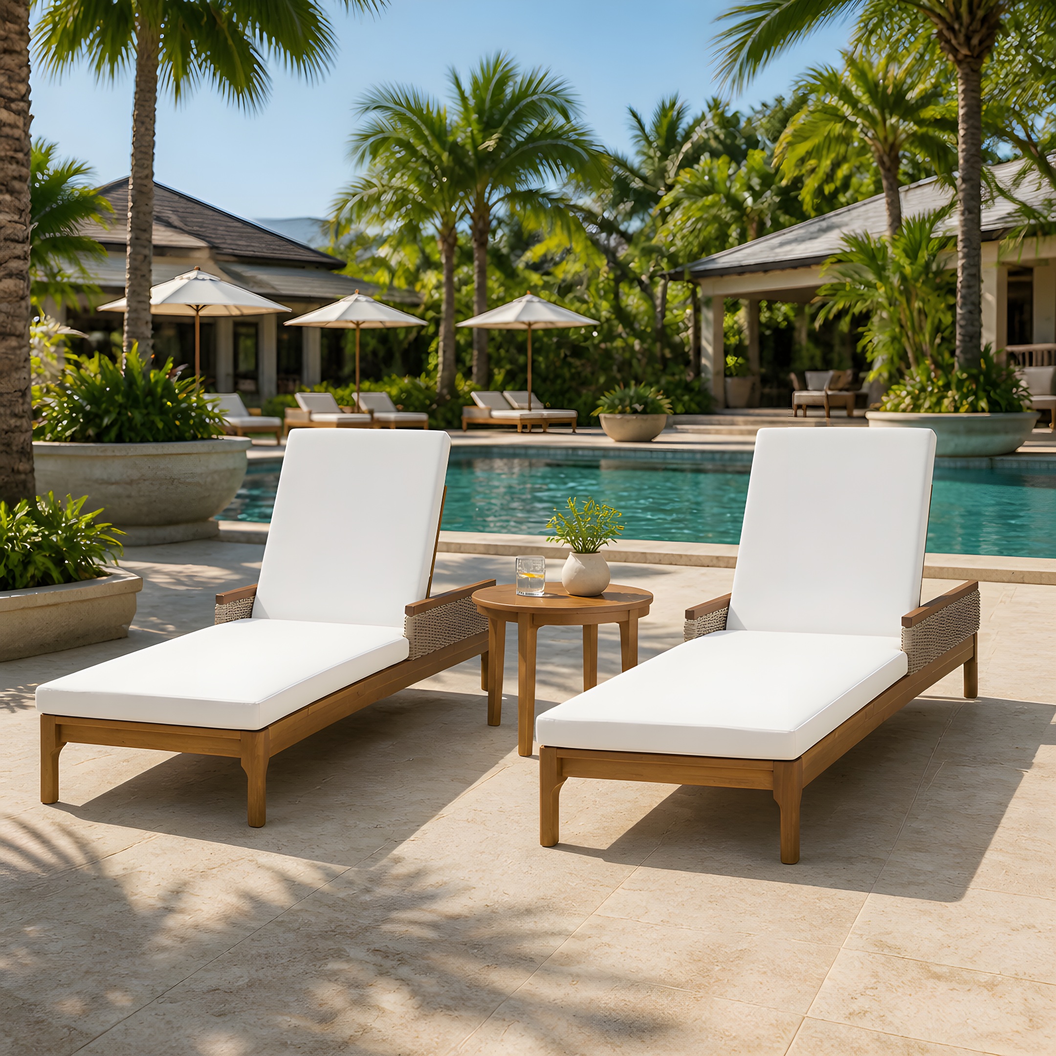 76.8" Solid Acacia Wood Sun Chaise Lounger Set of 2, Outdoor Patio Furniture with Beige Cushions and Light Grey Wicker for Garden, Deck, Poolside Relaxation,Natural +Beige Cushion - Image 2