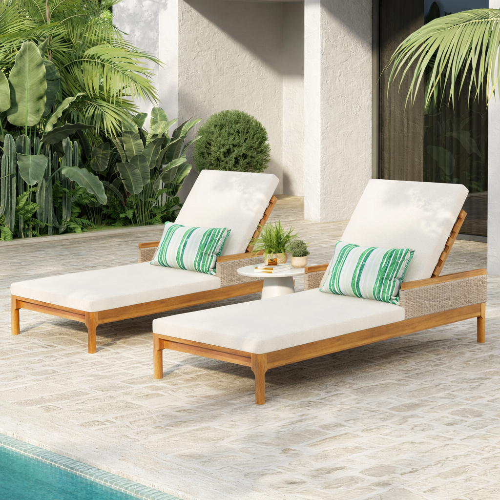 76.8" Solid Acacia Wood Sun Chaise Lounger Set of 2, Outdoor Patio Furniture with Beige Cushions and Light Grey Wicker for Garden, Deck, Poolside Relaxation,Natural +Beige Cushion - Image 3