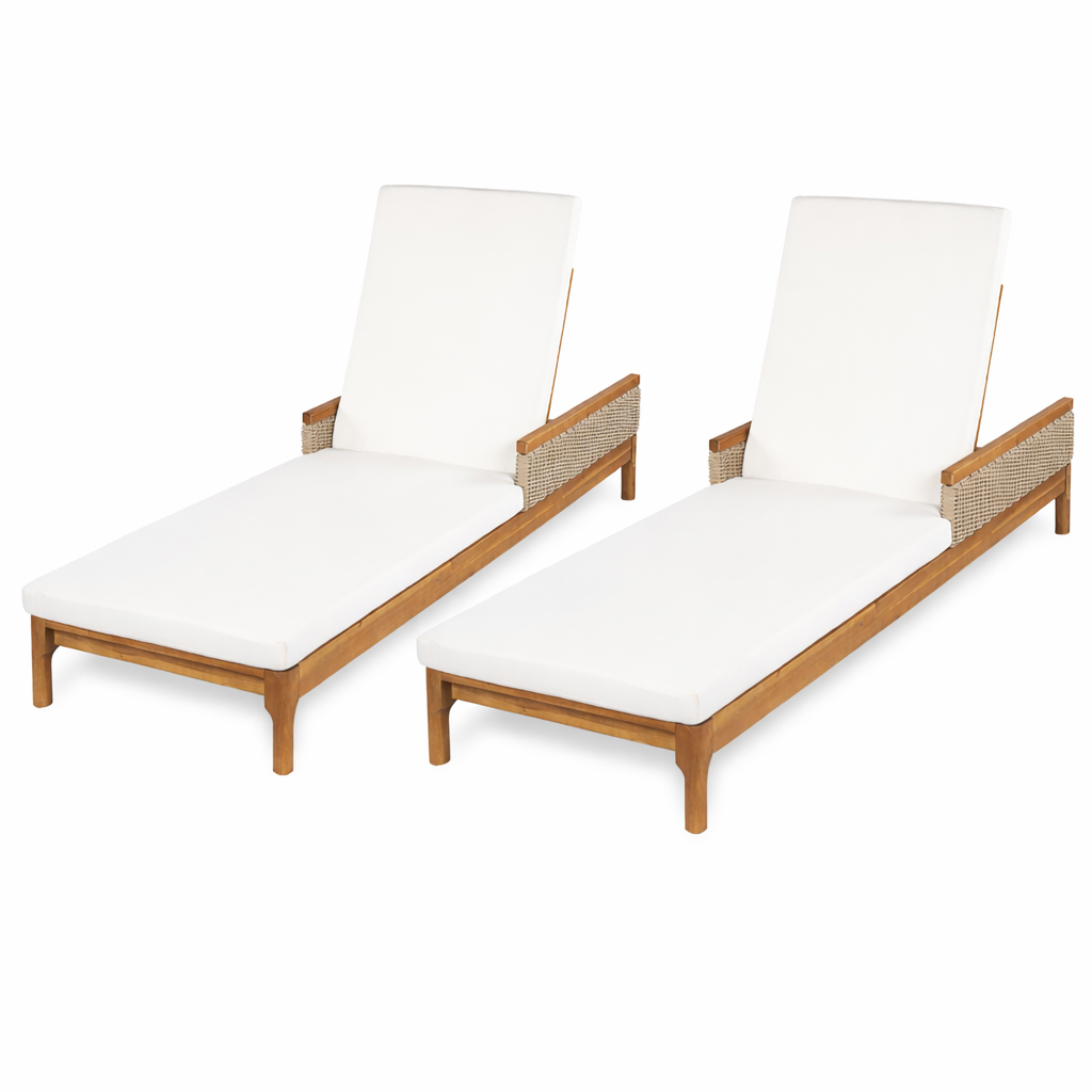 76.8" Solid Acacia Wood Sun Chaise Lounger Set of 2, Outdoor Patio Furniture with Beige Cushions and Light Grey Wicker for Garden, Deck, Poolside Relaxation,Natural +Beige Cushion - Image 6