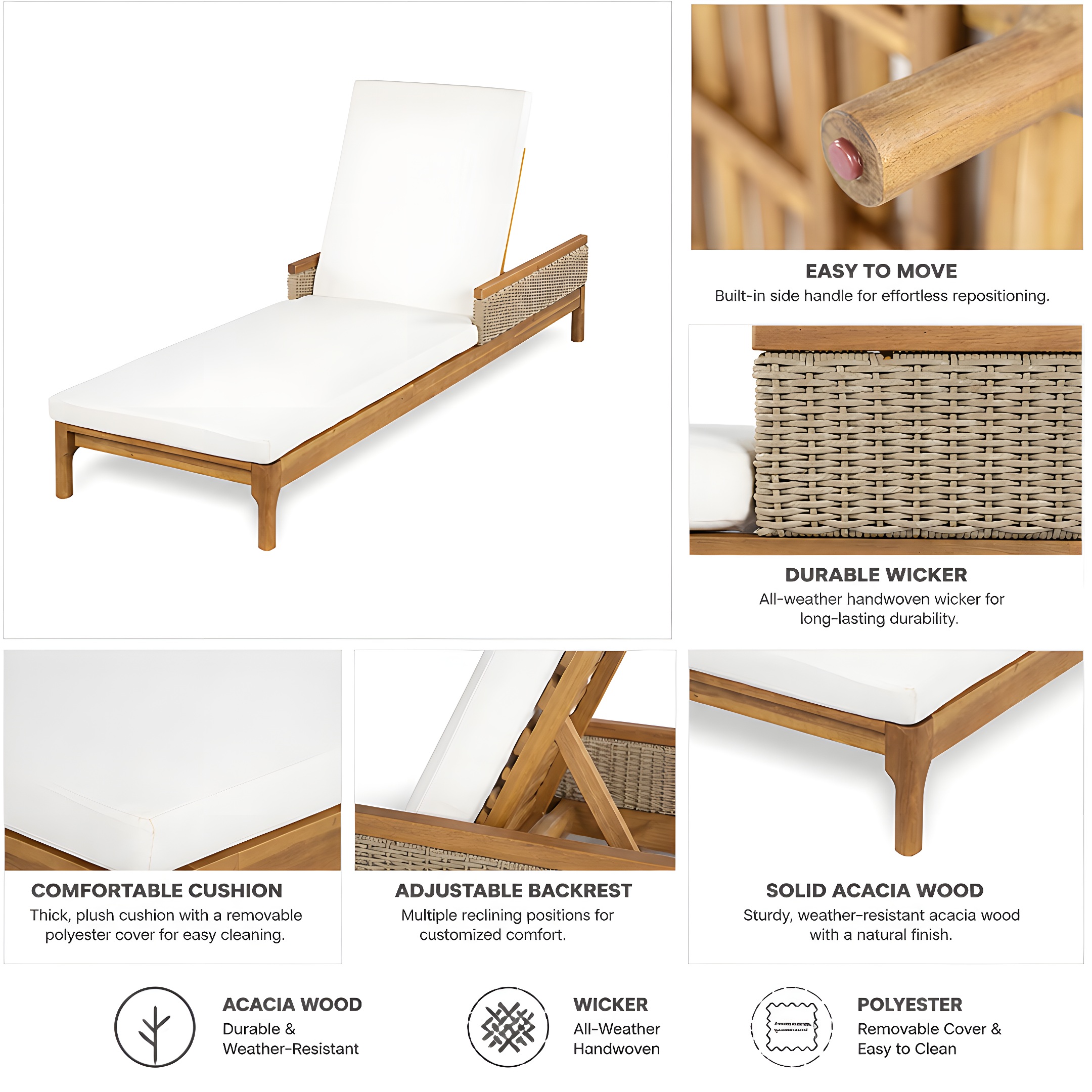 76.8" Solid Acacia Wood Sun Chaise Lounger Set of 2, Outdoor Patio Furniture with Beige Cushions and Light Grey Wicker for Garden, Deck, Poolside Relaxation,Natural +Beige Cushion - Image 5