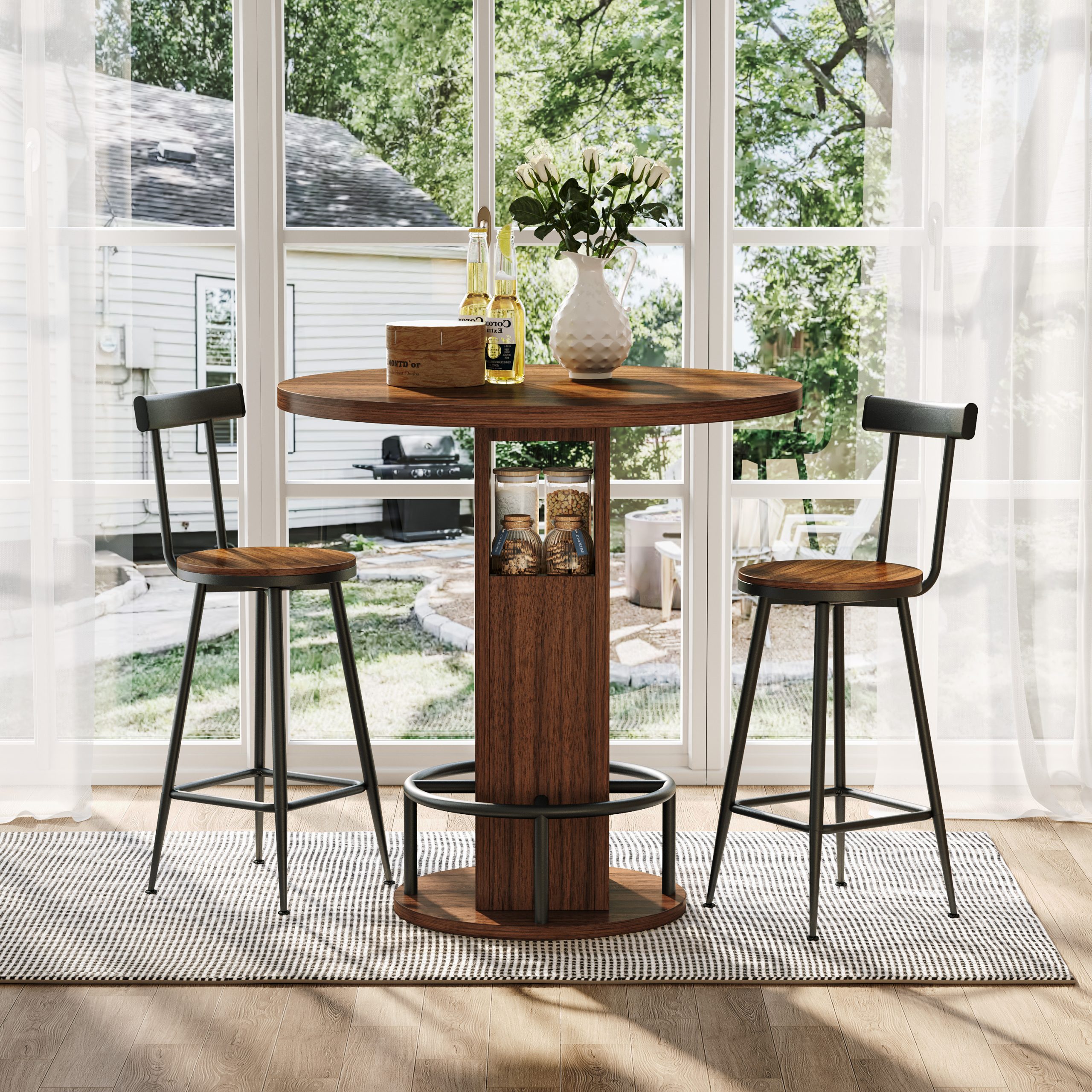 3-Piece Bar Table and Stool Set 31.5-inch round bar table with two stools Compact wooden dining bar with metal ring footrest Ideal for restaurants, cafes, bars, living rooms, and small spaces,Walnut - Image 2