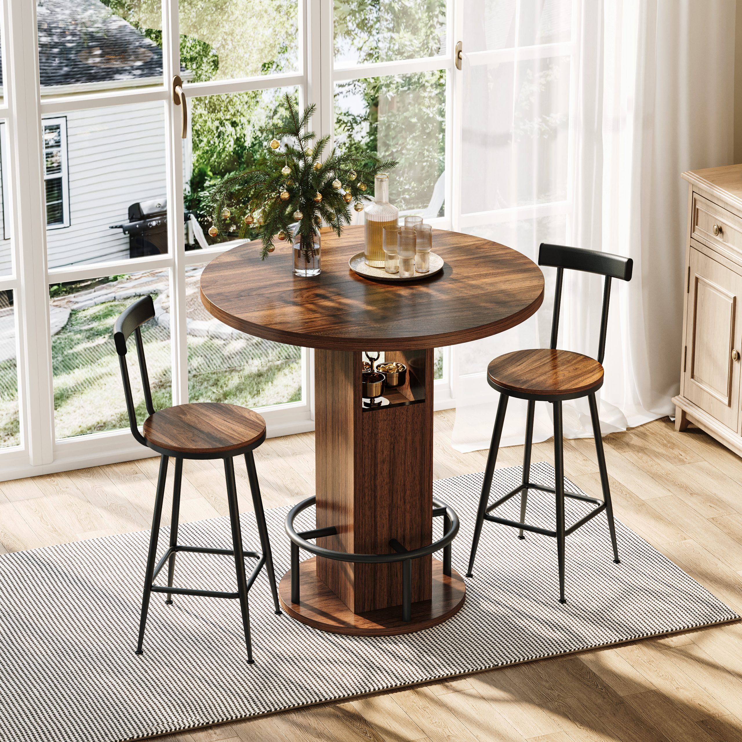 3-Piece Bar Table and Stool Set 31.5-inch round bar table with two stools Compact wooden dining bar with metal ring footrest Ideal for restaurants, cafes, bars, living rooms, and small spaces,Walnut - Image 3
