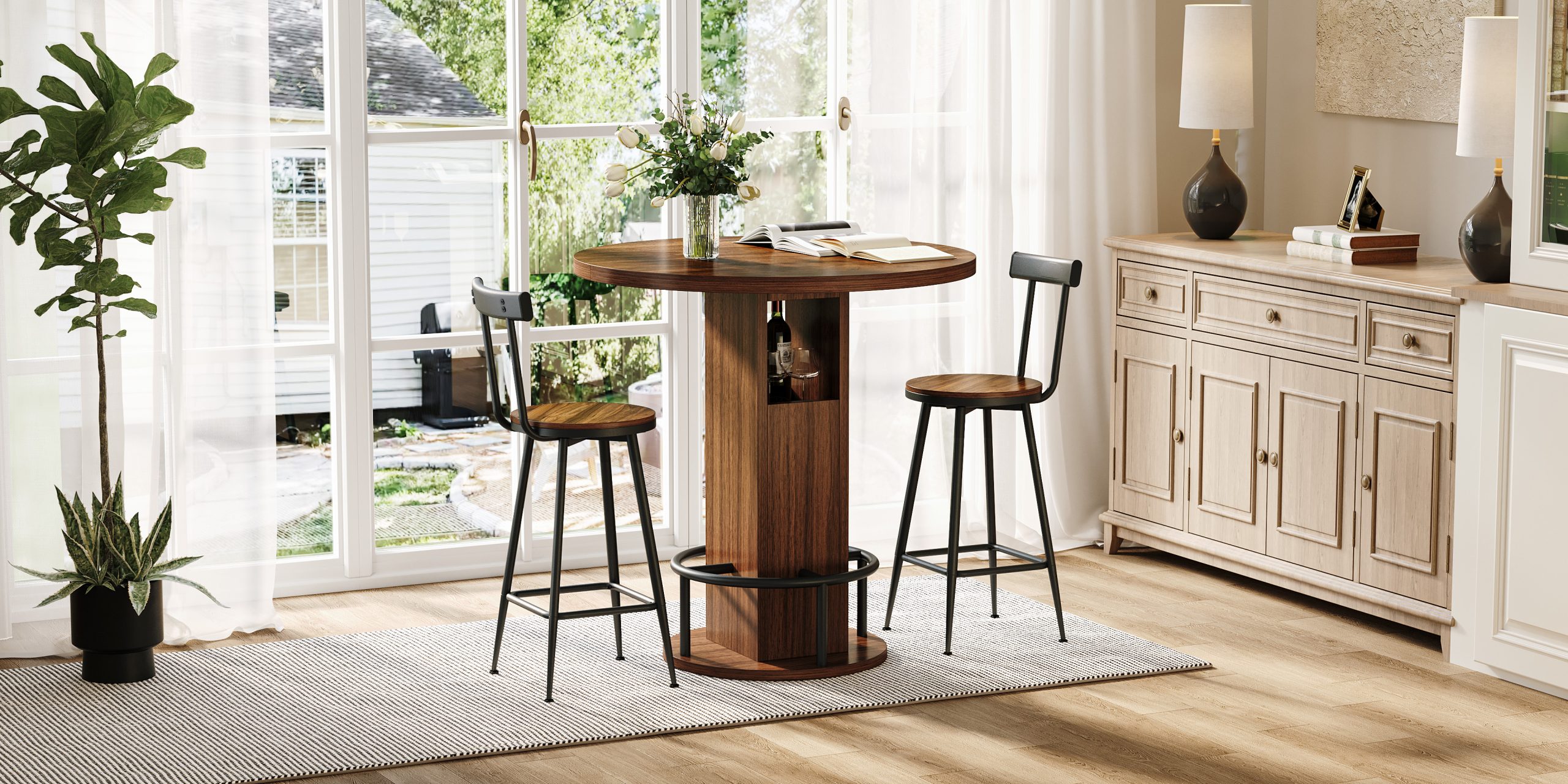 3-Piece Bar Table and Stool Set 31.5-inch round bar table with two stools Compact wooden dining bar with metal ring footrest Ideal for restaurants, cafes, bars, living rooms, and small spaces,Walnut - Image 4