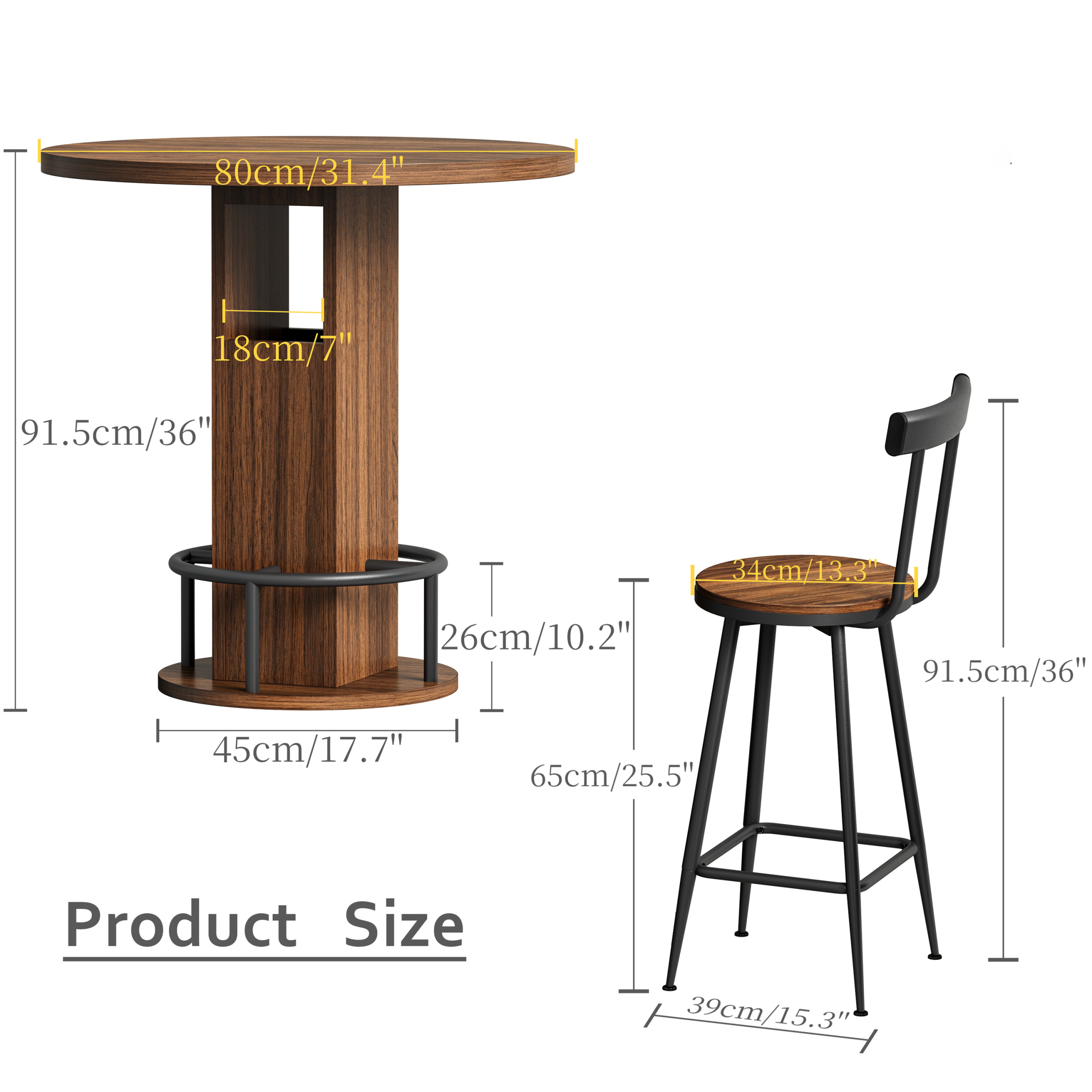 3-Piece Bar Table and Stool Set 31.5-inch round bar table with two stools Compact wooden dining bar with metal ring footrest Ideal for restaurants, cafes, bars, living rooms, and small spaces,Walnut - Image 5