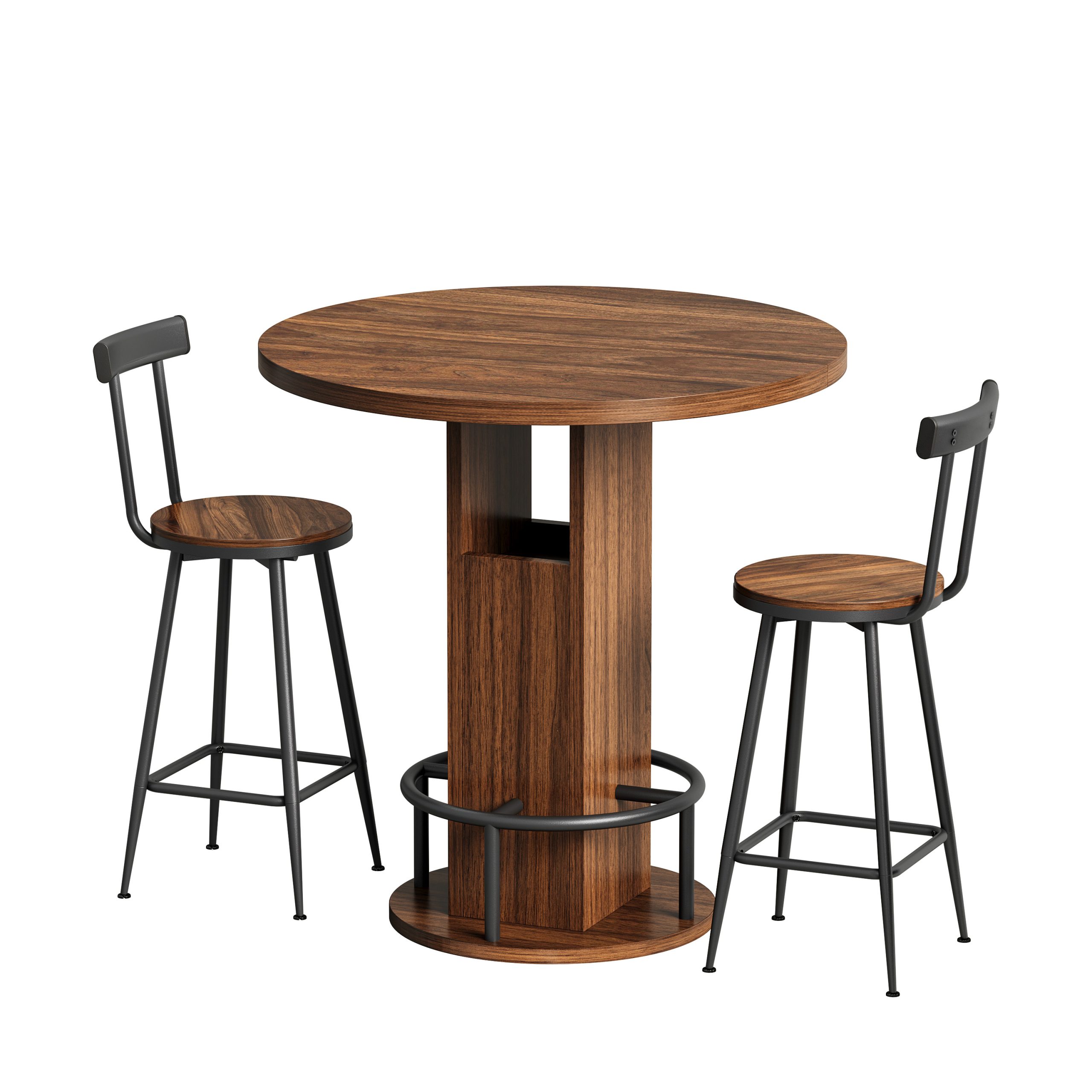 3-Piece Bar Table and Stool Set 31.5-inch round bar table with two stools Compact wooden dining bar with metal ring footrest Ideal for restaurants, cafes, bars, living rooms, and small spaces,Walnut - Image 6